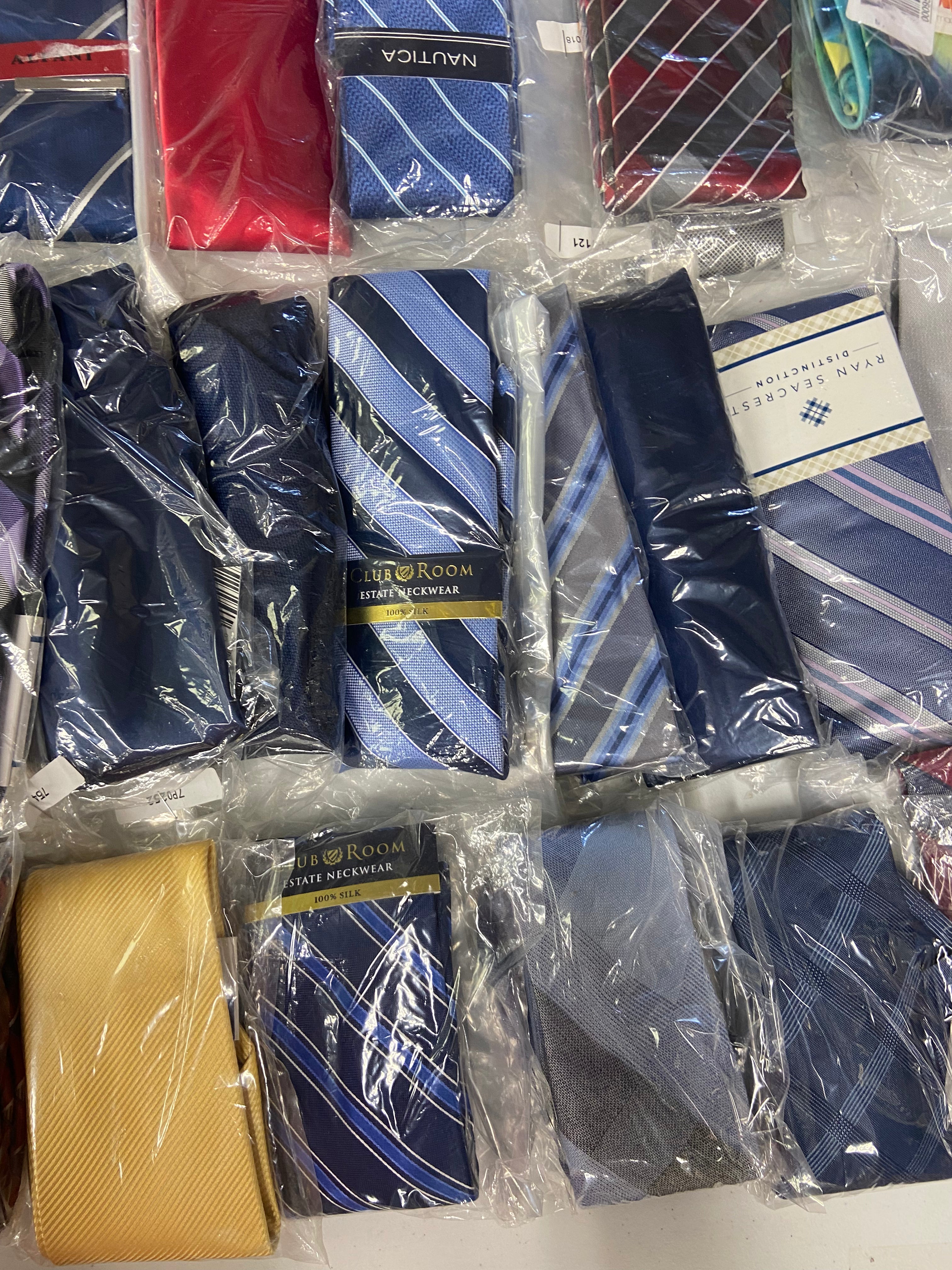 Men's Neckties Wholesale Lot, TOMMY HILFIGER, DKNY, MICHAEL KORS, KENNETH COLE, RYAN SEACREST, CALVIN KLEIN, CLUB ROOM and more, 66 items, CUSTOMER RETURNS
