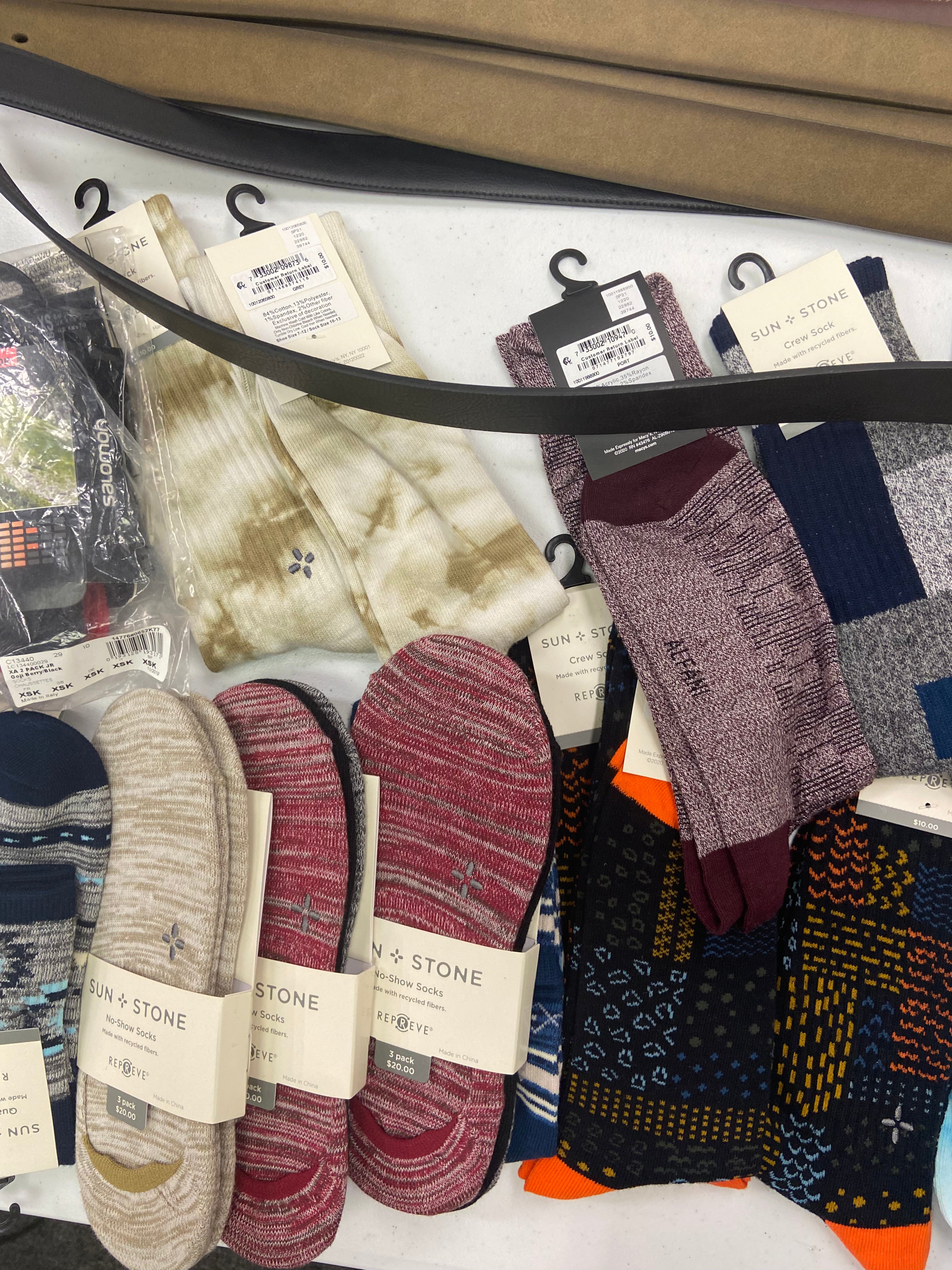 Men's Socks & Belts Wholesale Lot, CLUB ROOM, SUN + STONE and more, 34 items, Shelf Pulls, MSRP $592