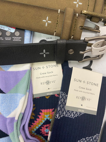 Men's Socks & Belts Wholesale Lot, CLUB ROOM, SUN + STONE and more, 34 items, Shelf Pulls, MSRP $592