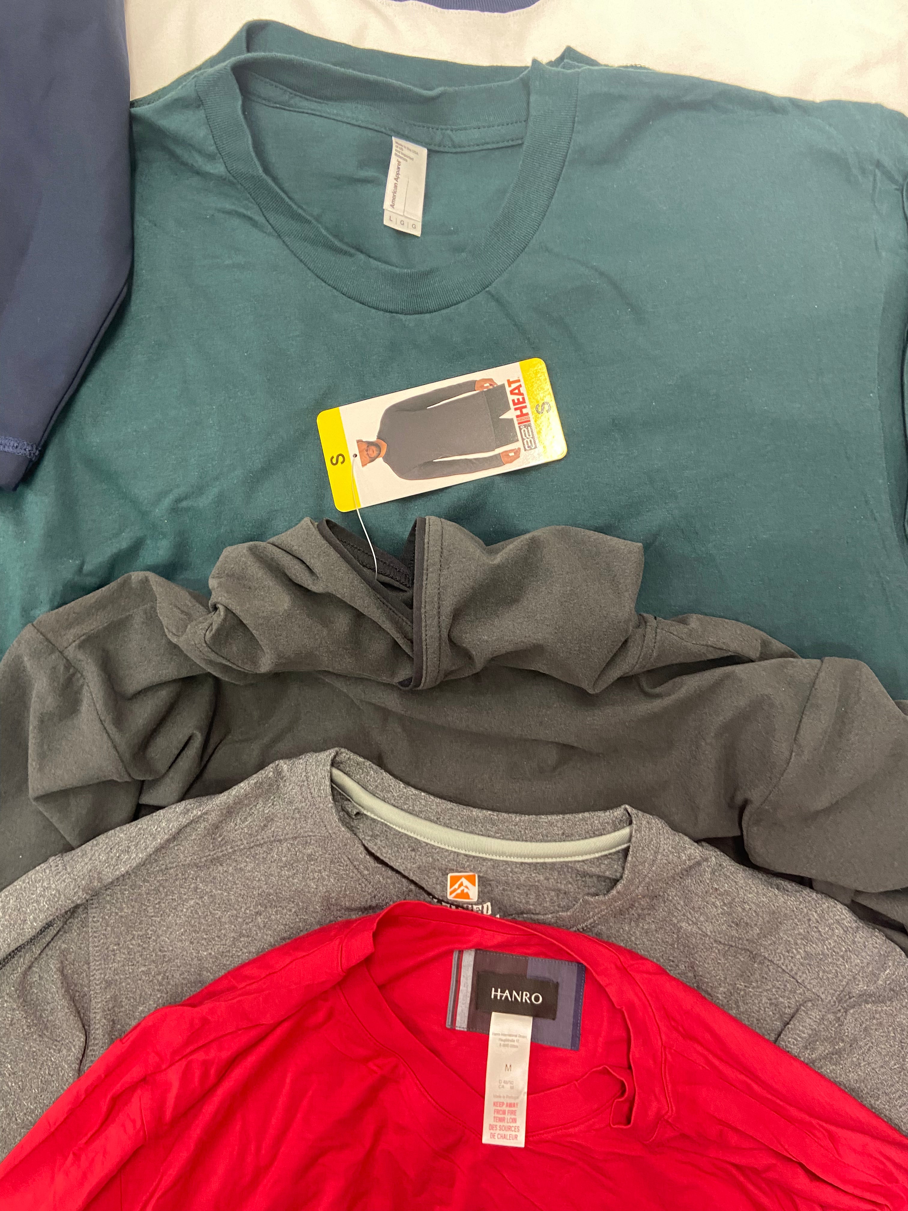 Men's Clothing T-shirts and Other Tops, Wholesale Lot, HANRO, RUGGED ELEMENT, 32 DEGREES, AMERICAN APPAREL and more, 22 items, Shelf Pulls, MSRP $671