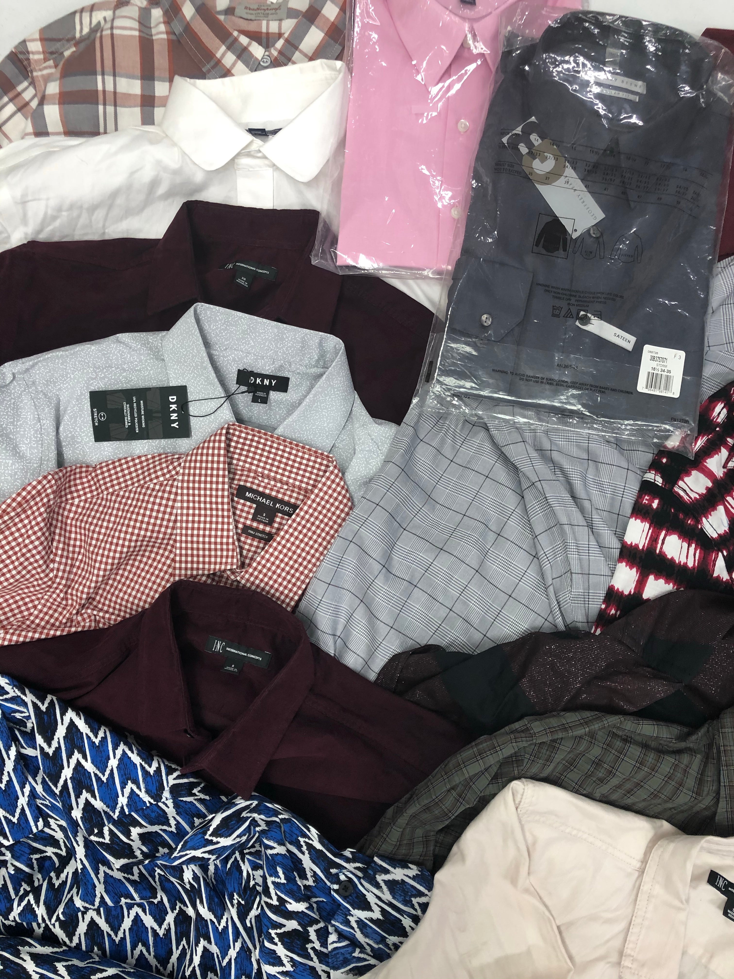Men's Clothing Button Down shirts Wholesale Lot, DKNY, LEVI'S, WEATHERPROOF, INC and more, 15 Units, Shlef Pulls, MSRP $971.00