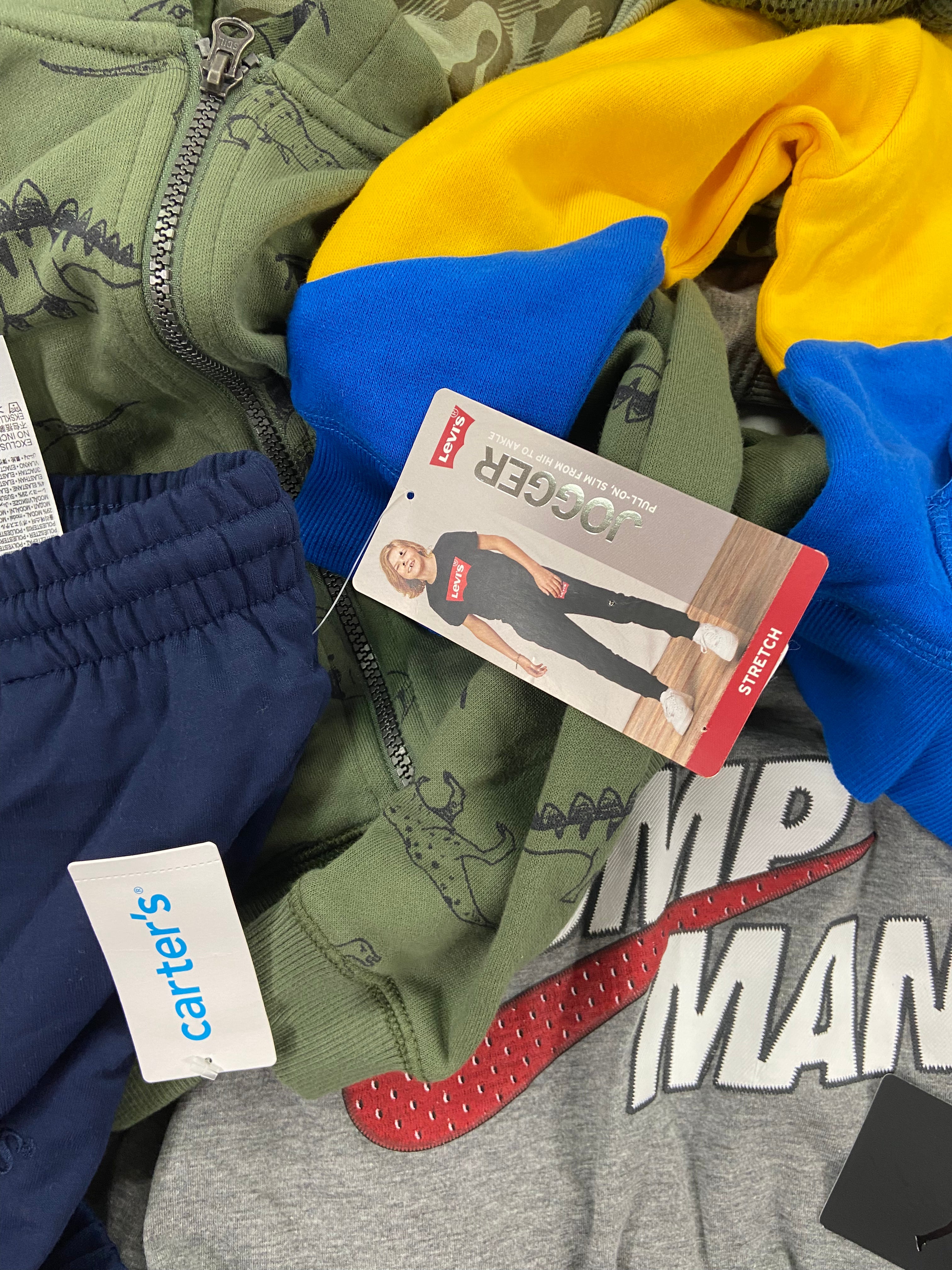 Kid & Baby's Clothing Assorted Wholesale Lot, COLUMBIA, TIMBERLAND, JORDAN, CHAMPION, NIKE,  LEVI'S, CARTER'S and more, 16 items, Shelf Pulls, MSRP $659