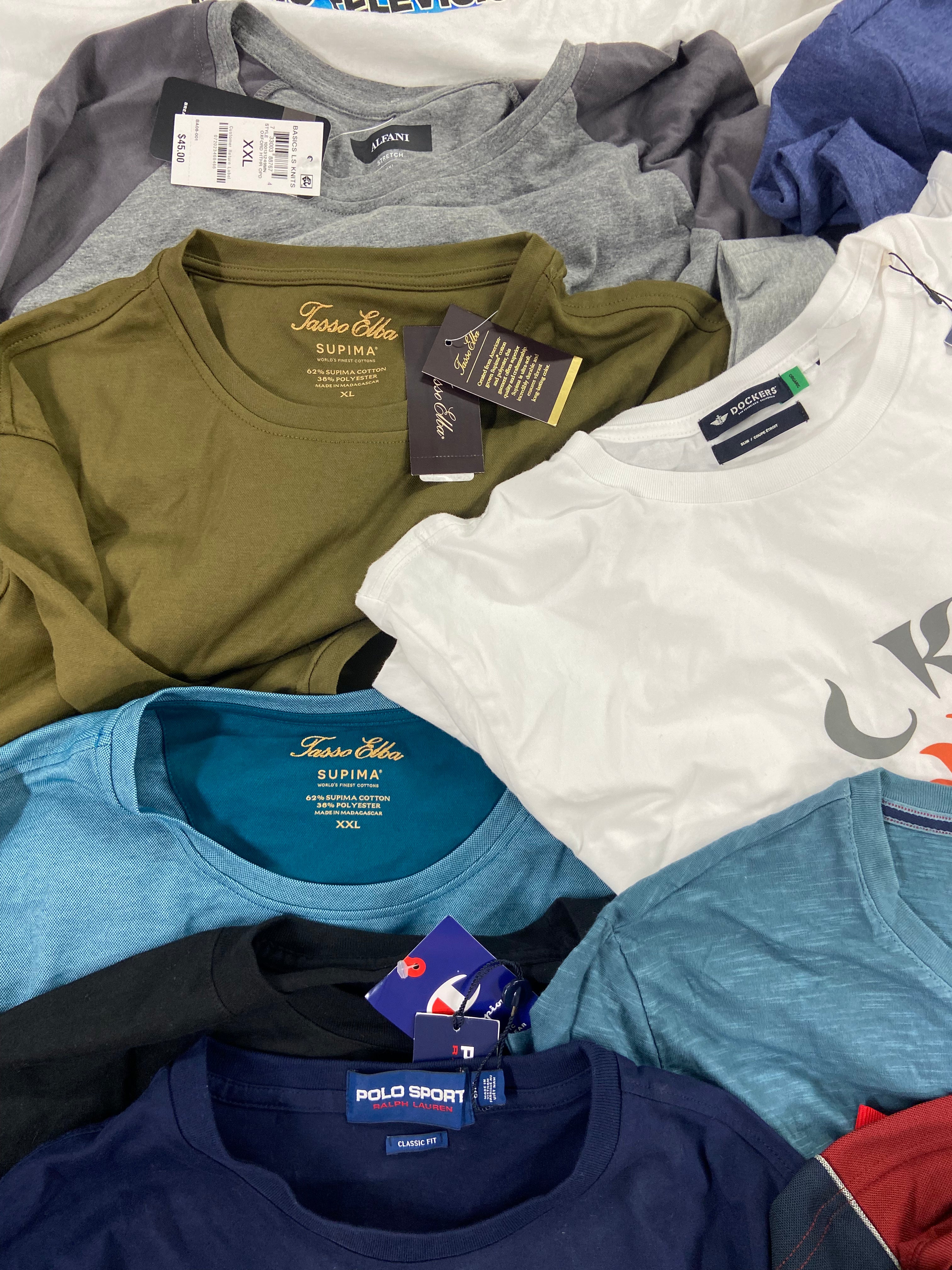 Men's Clothing T-Shirts Wholesale Lot, POLO RALPH LAUREN, ADIDAS, NAUTICA, DOCKERS, TASSO ELBA, CHAMPION and more, 23 items, Shelf Pulls, MSRP $897