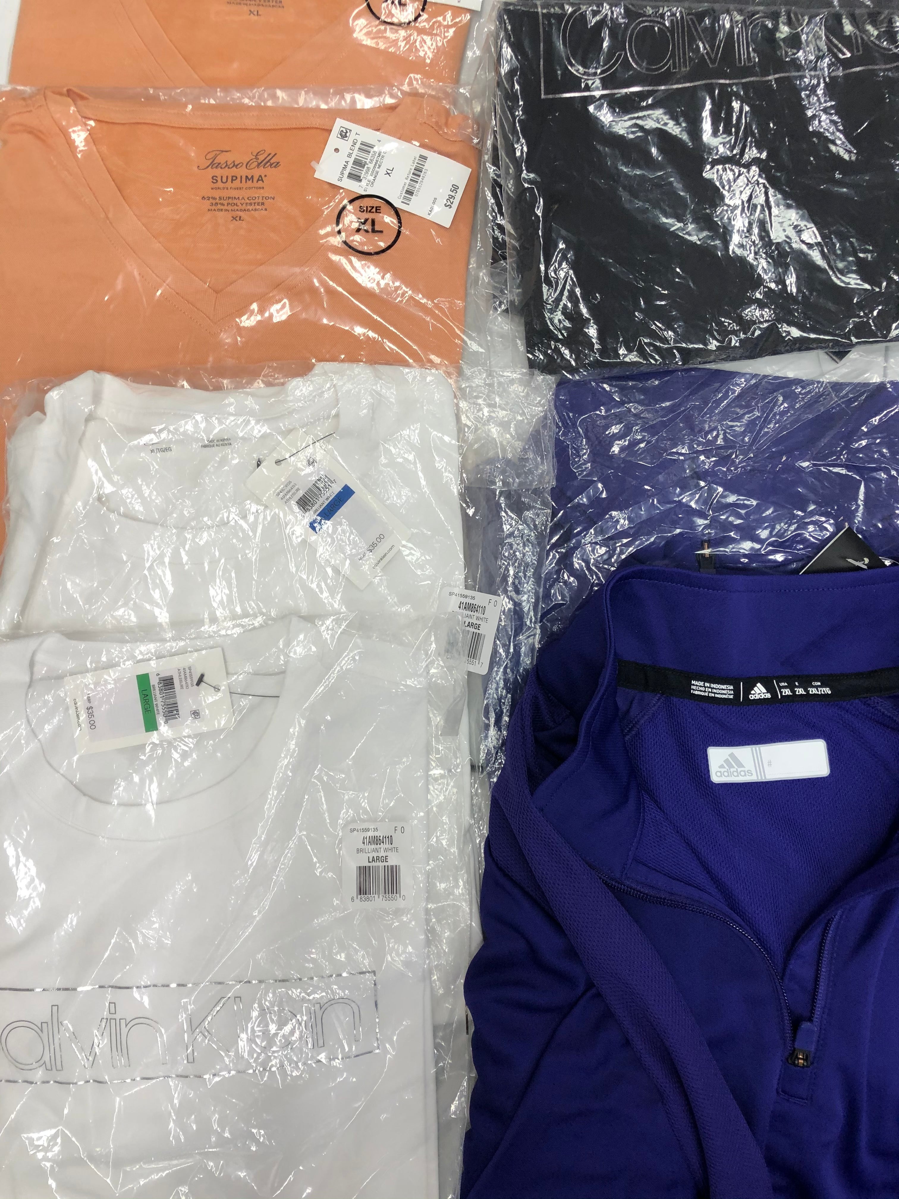 Men's Clothing Tops, Sleeveless & Scarf Wholesale Lot, ADIDAS, CALVIN KLEIN, TASSO ELBA, AMERICAN APPAREL , 30 items, Shelf Pulls, MSRP $830