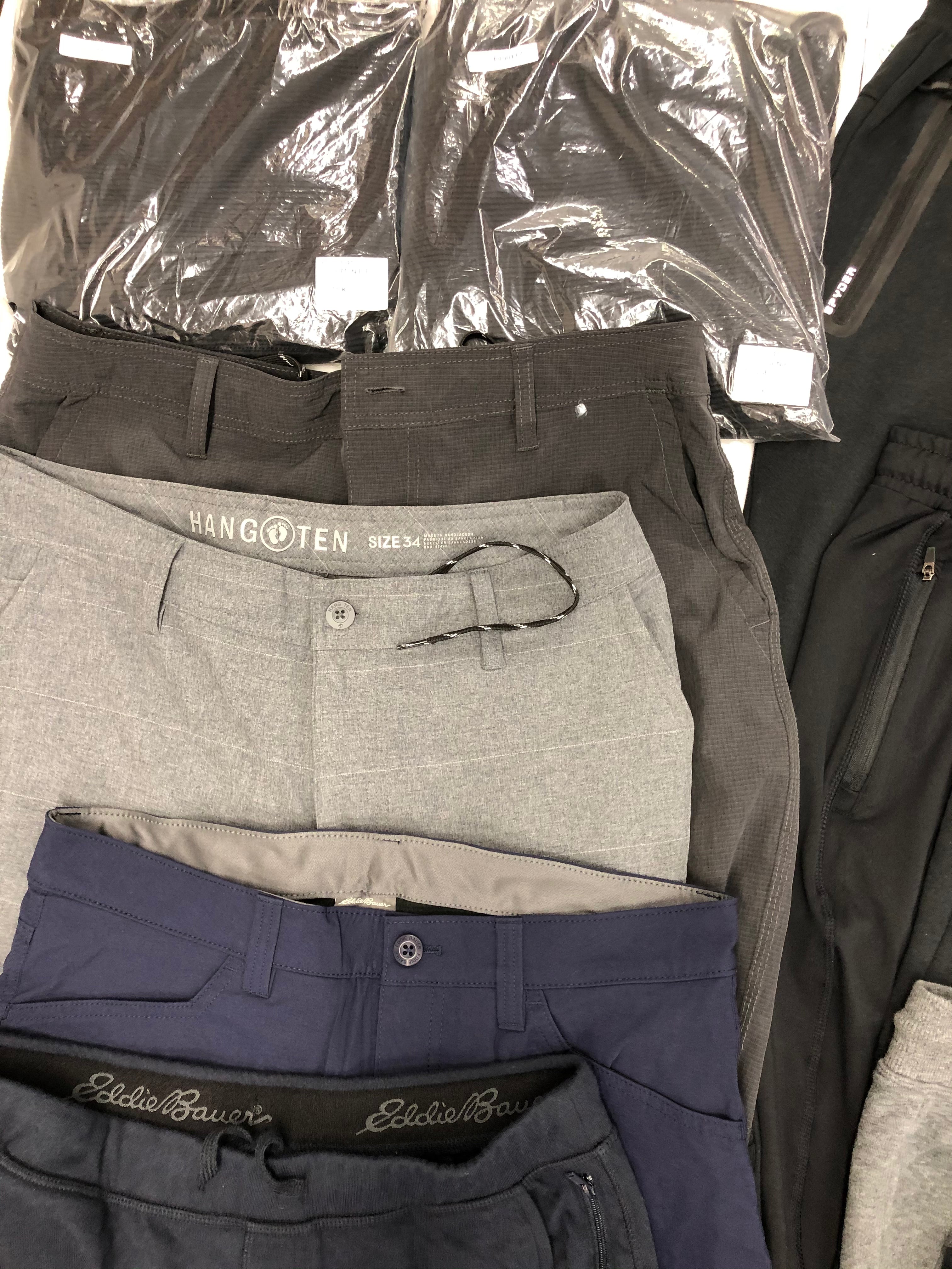 Men's Clothing Bottoms Wholesale Lot, EDDIE BAUER, HURLEY, SPYDER, KIRKLAND, 32 DEGREES and more, 12 items, Shelf Pulls, MSRP $538