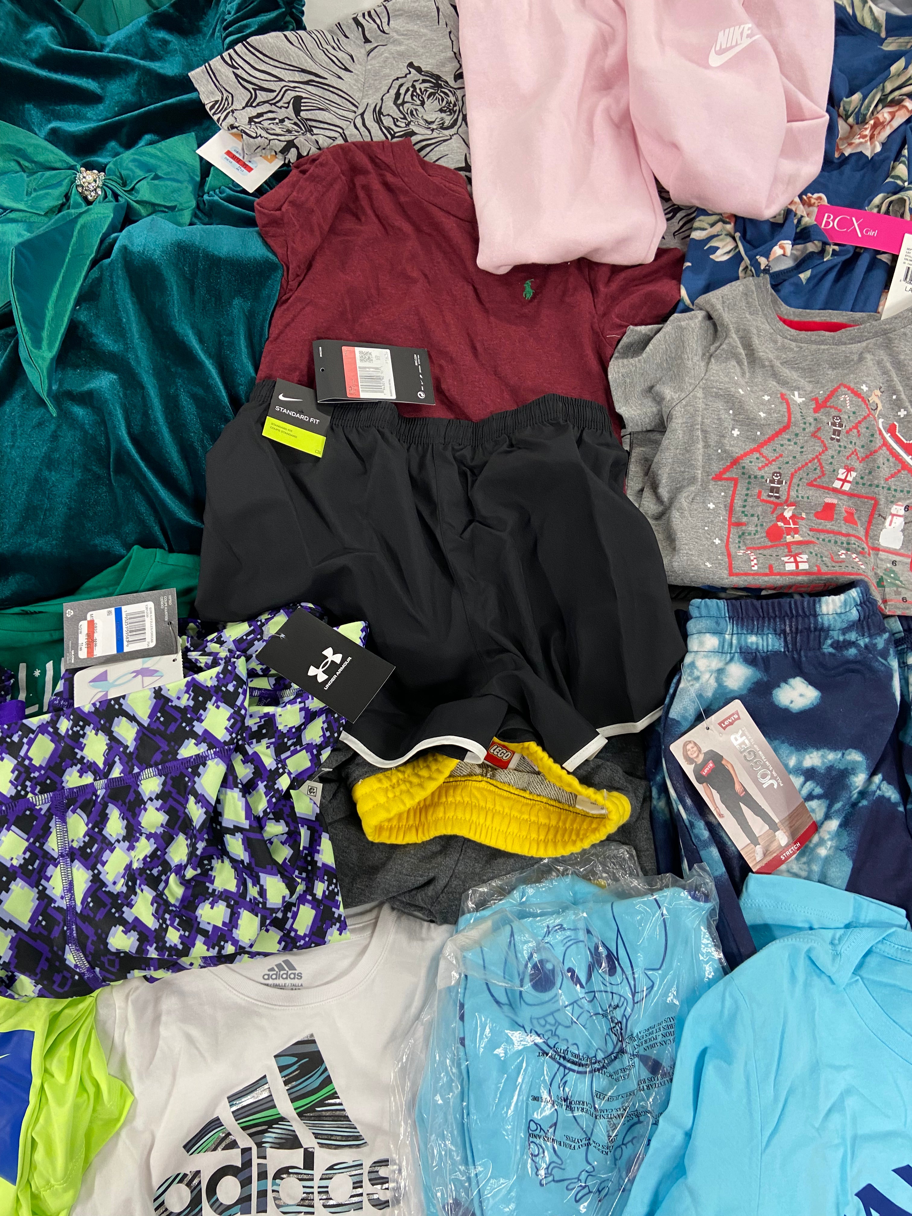 Kid's Clothing Assorted Wholesale Lot, NIKE, LEVI'S, ADIDAS, POLO RALPH LAUREN, RARE EDITIONS, DISNEY, UNDER ARMOUR and more, 19 items, Shelf Pulls, MSRP $562