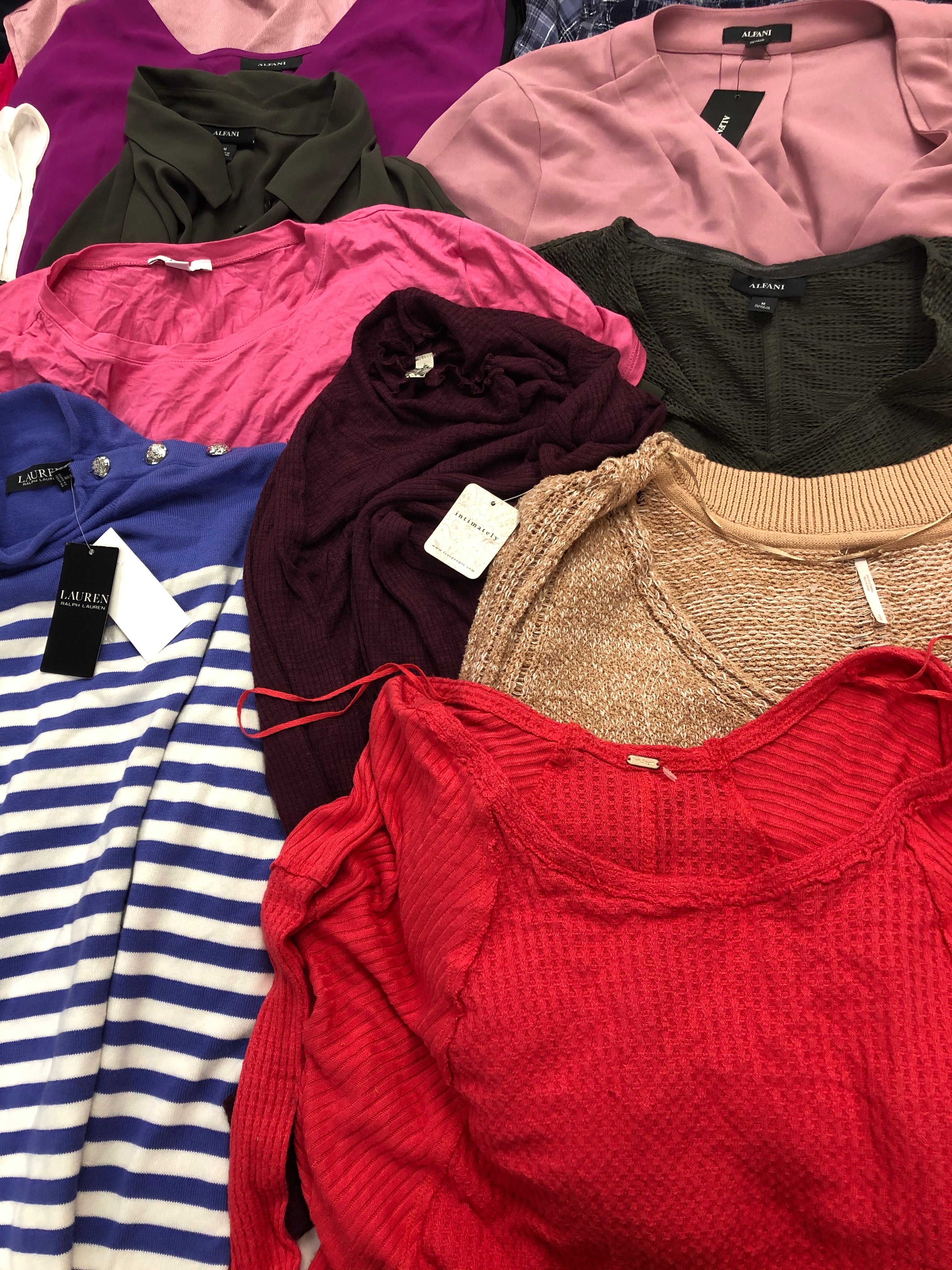 Women's Clothing Tops Wholesale Lot, LAUREN RALPH LAUREN, CALVIN KLEIN, FREE PEOPLE, ALFANI and more, 18 items, Shelf Pulls, MSRP $1,153