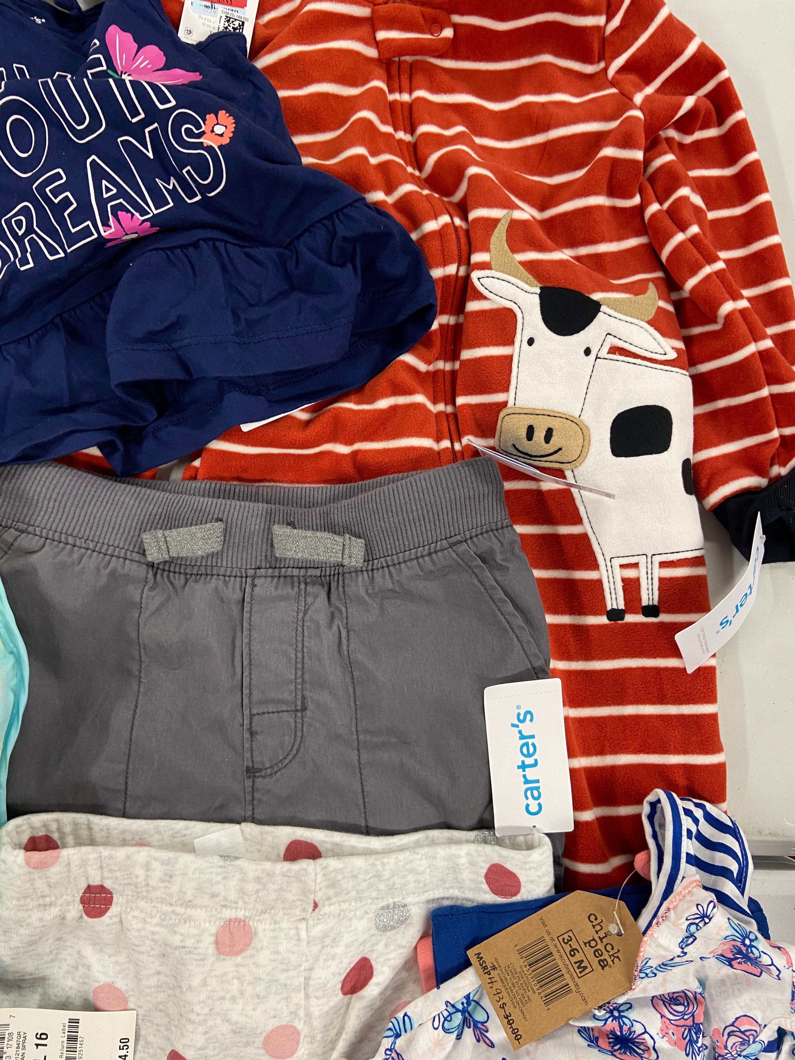 Kid's Clothing Assorted Wholesale Lot, DISNEY, GOGO JEANS, CARTER'S, CHAMPION, CUTIE PIE BABY, NEW BLUEBERRI, UNDER ARMOUR and more, 28 items, Shelf Pulls, MSRP $745