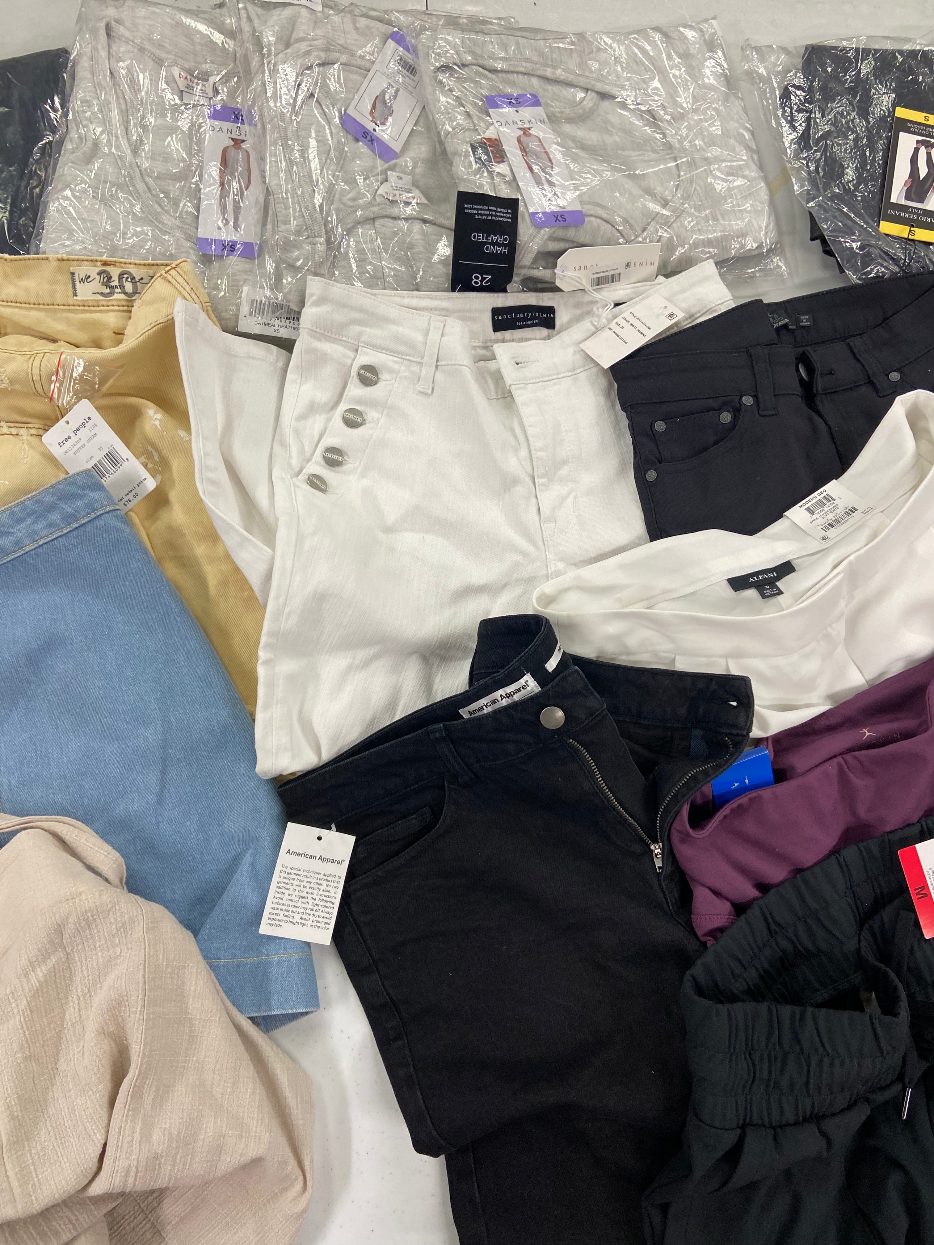 Women's Clothing Assorted Wholesale Lot, FREE PEOPLE, AMERICAN APPAREL, SANCTUARY, PRANA, MONDETTA  and more, 14 items, Shelf Pulls, MSRP $802
