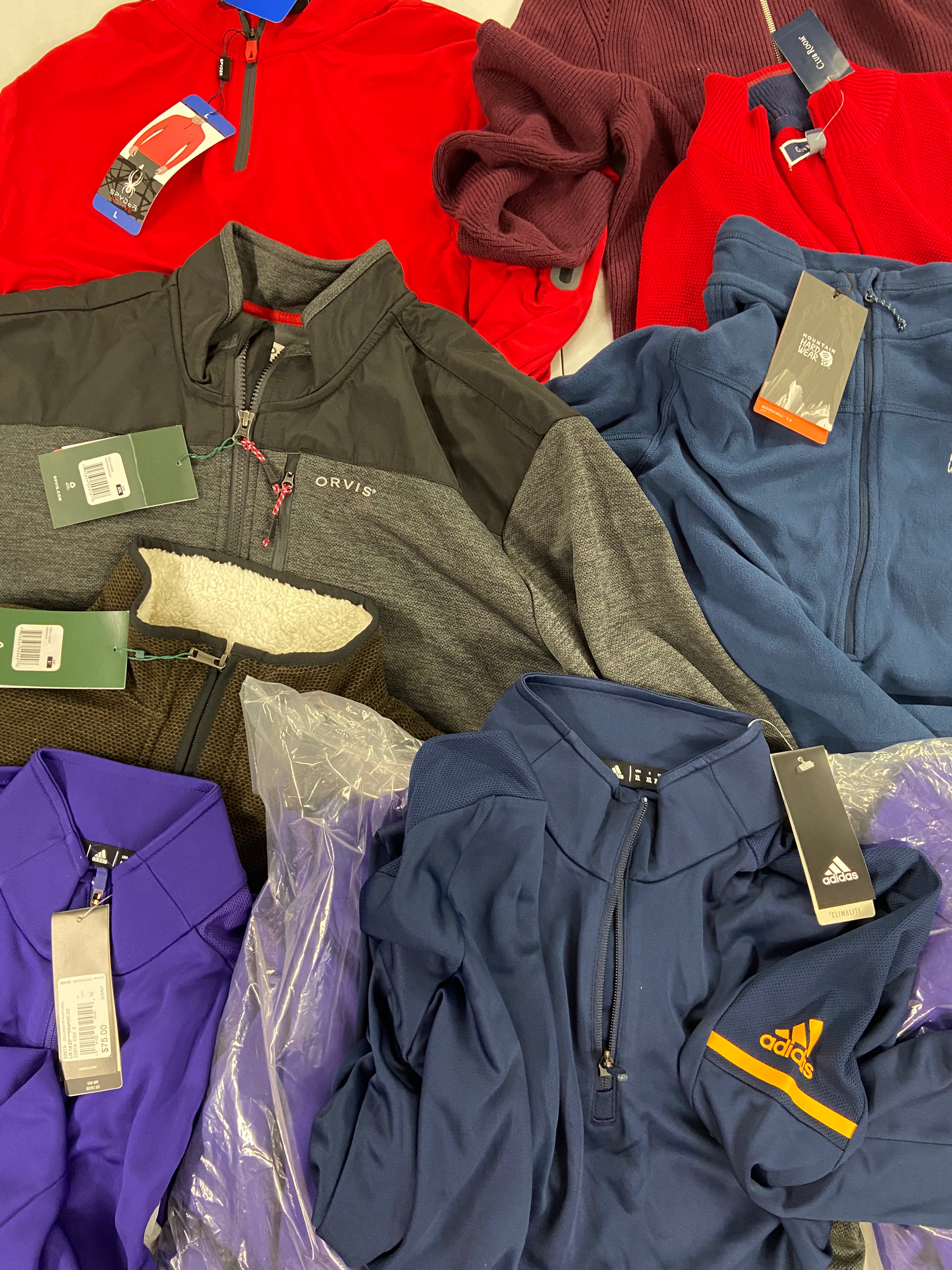 Men's Clothing Sweaters & Outerwear Wholesale Lot, ADIDAS, MOUNTAIN HARDWEAR, SPYDER, ORVIS and more, 10 items, Shelf Pulls, MSRP $670