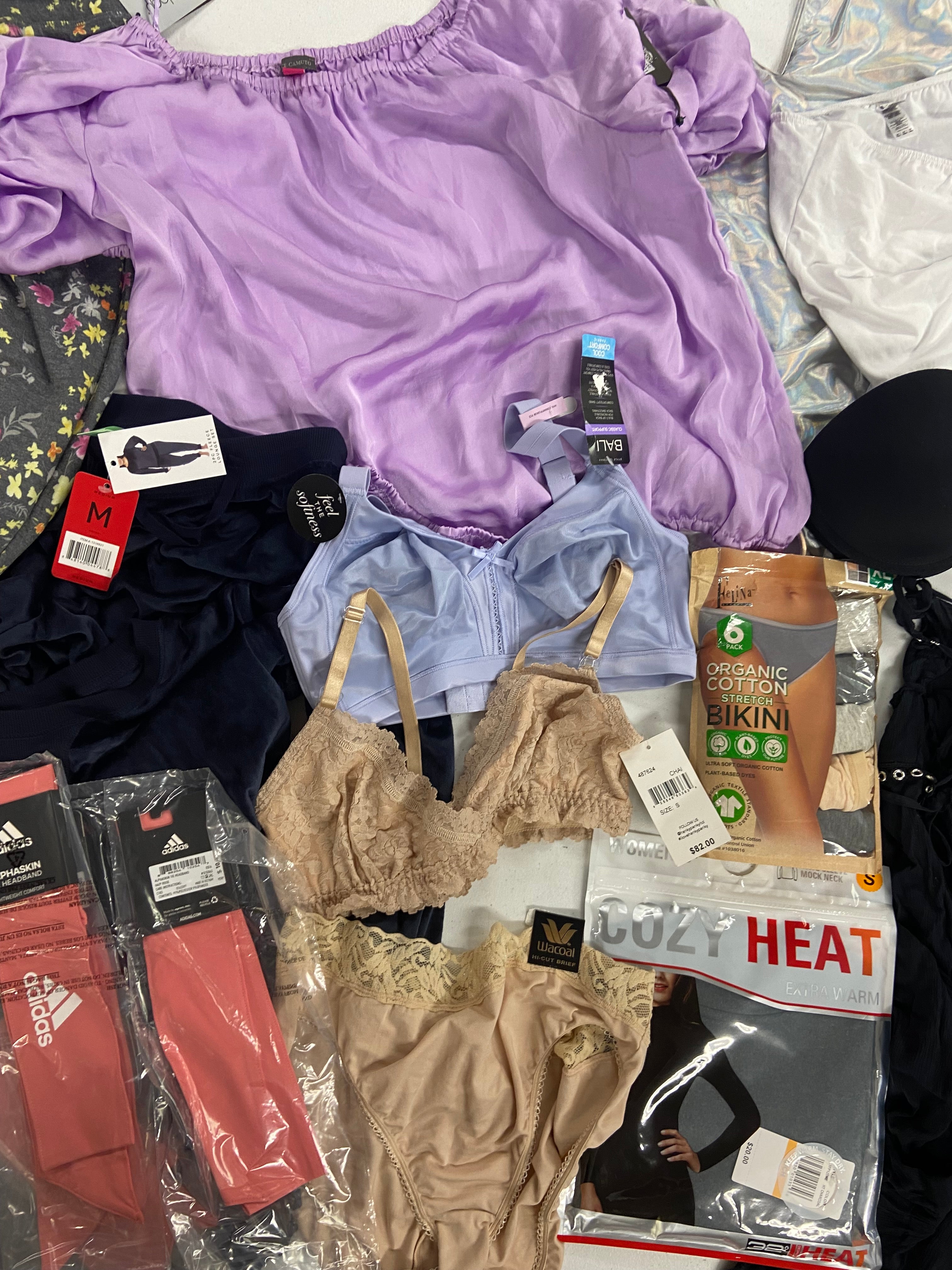 Women's Clothing Assorted Wholesale Lot, ADIDAS, VINCE CAMUTO, FREE PEOPLE, AMERICAN APPAREL, BALI, WACOAL, FELINA and more, 17 items, Shelf Pulls, MSRP $630