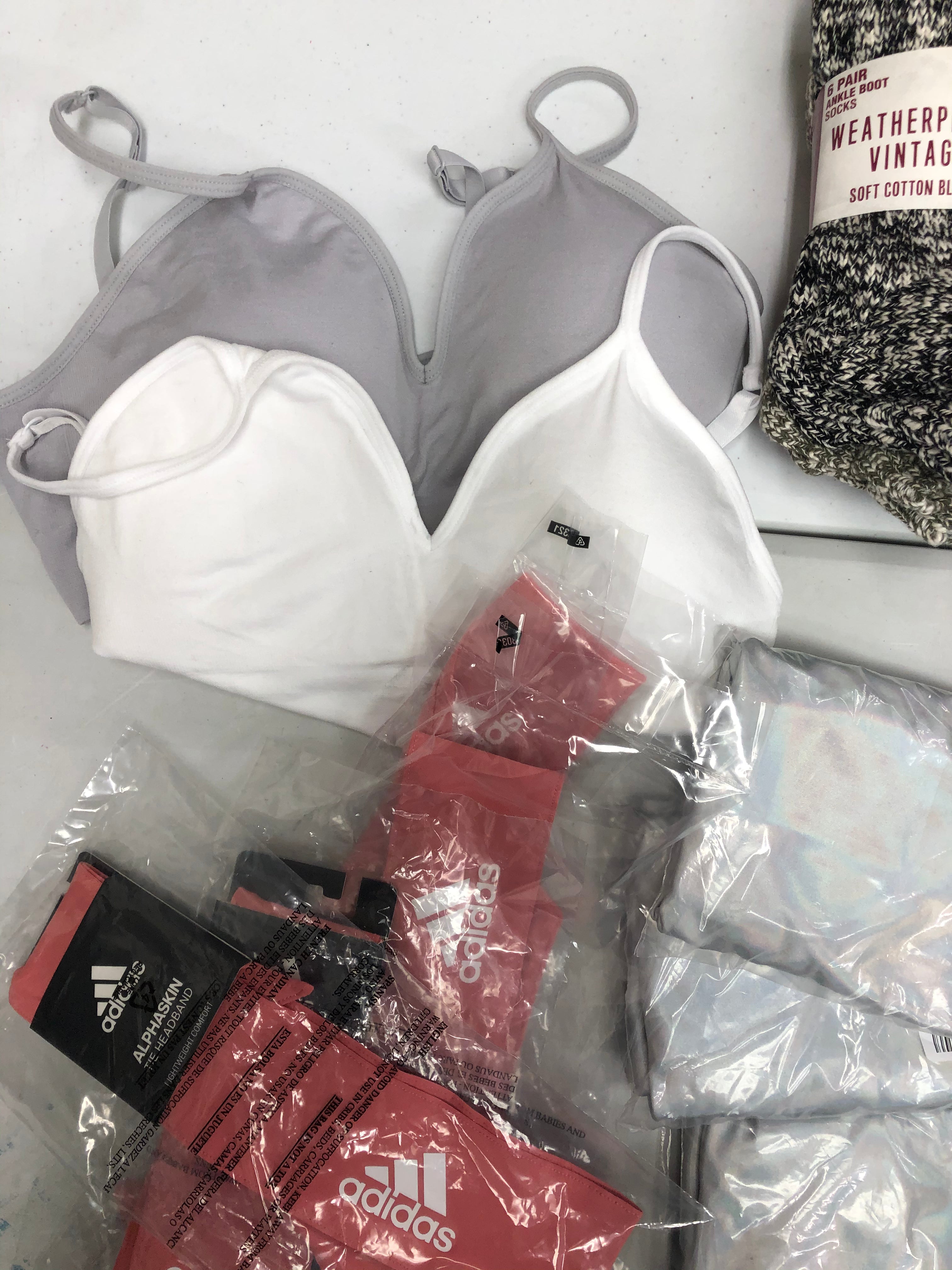 Women's Socks, Bras, Scarf and others Wholesale Lot, ADIDAS, LUCKY BRAND, DKNY, CALVIN KLEIN, and more, 19 items, Shelf Pulls, MSRP $517