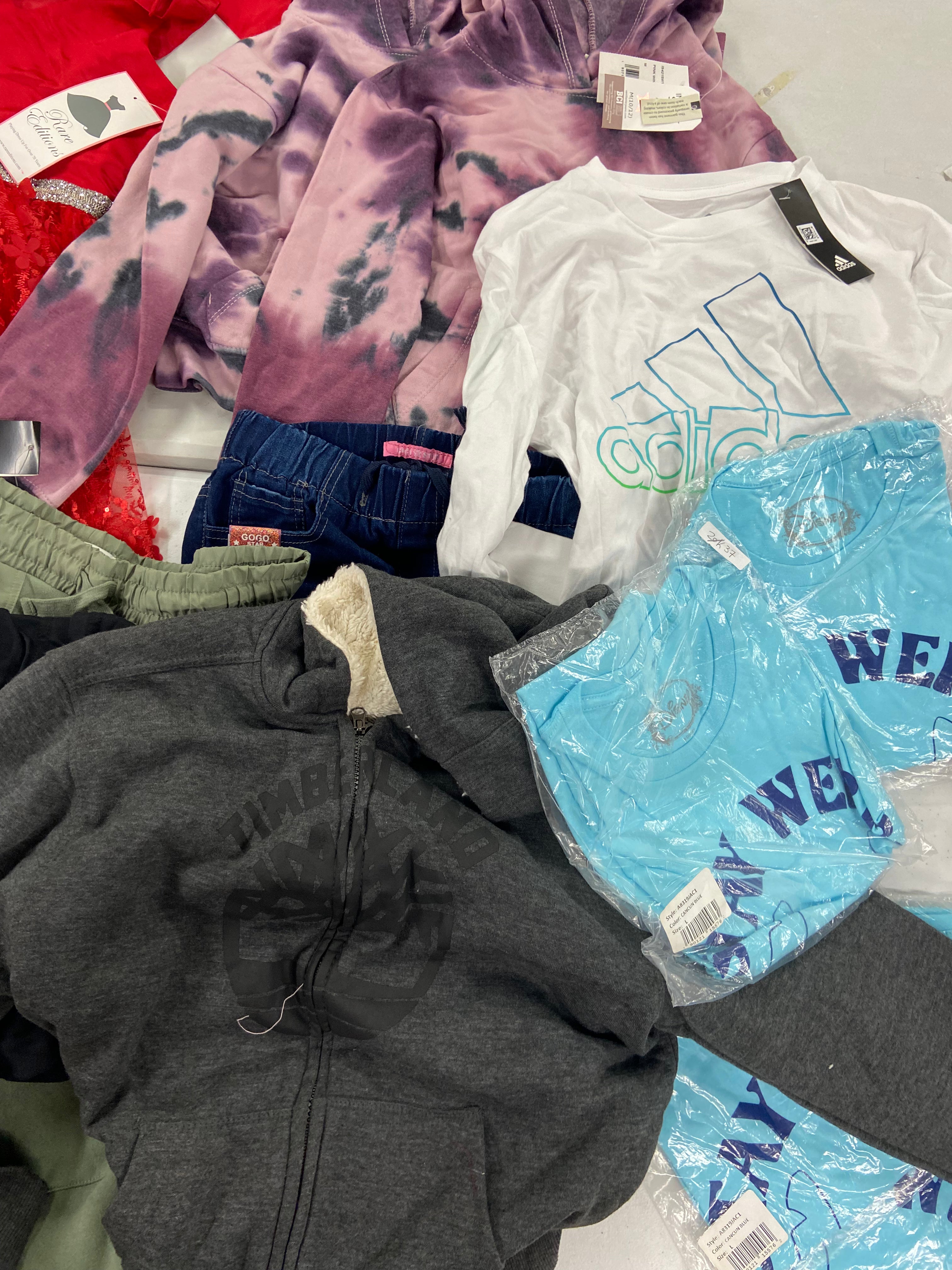 Kid's Clothing Assorted Wholesale Lot, TIMBERLAND, ADIDAS, NIKE, DISNEY, GOGO JEANS and more, 13 items, Shelf Pulls, MSRP $593