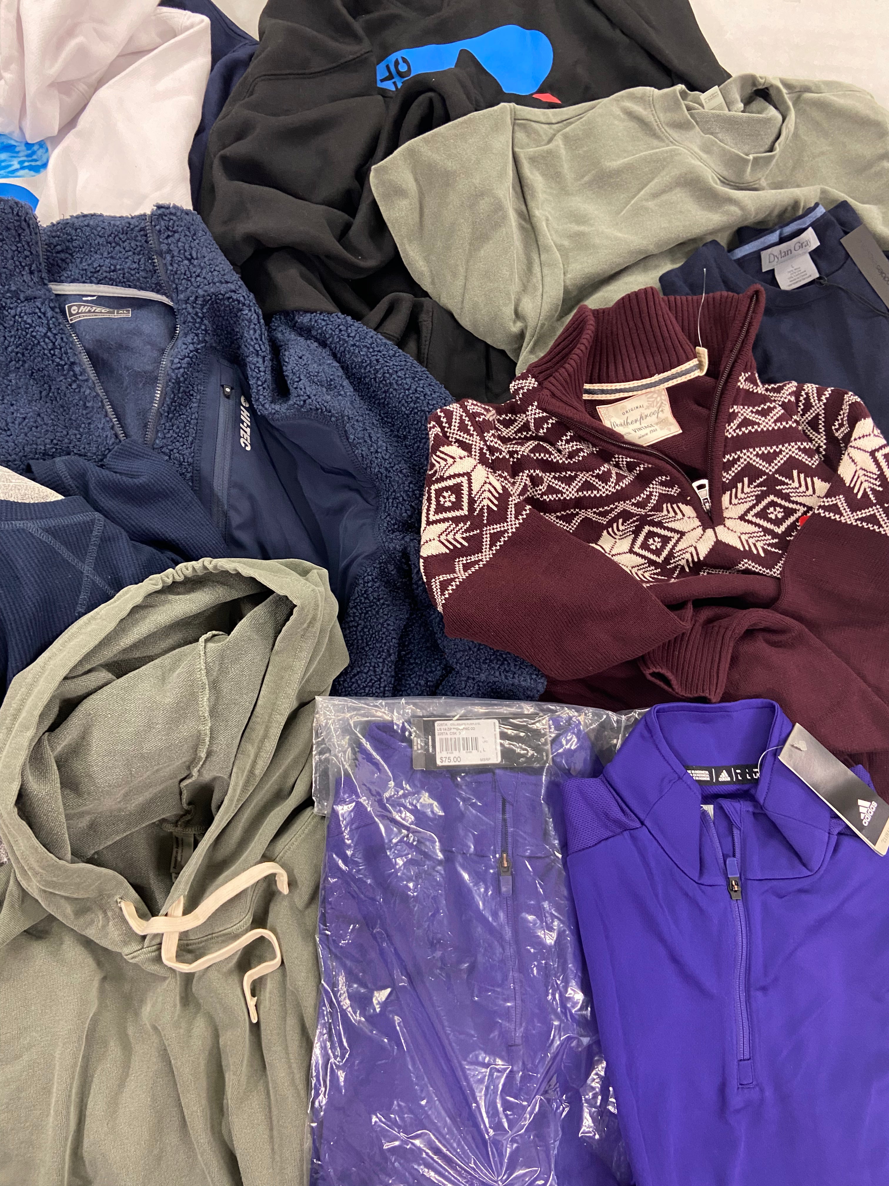 Men's Clothing Tops Wholesale Lot, ADIDAS, EDDIE BAUER, RUSSELL ATHLETIC, WEATHERPROOF, HI TEC and more, 12 items, Shelf Pulls, MSRP $765