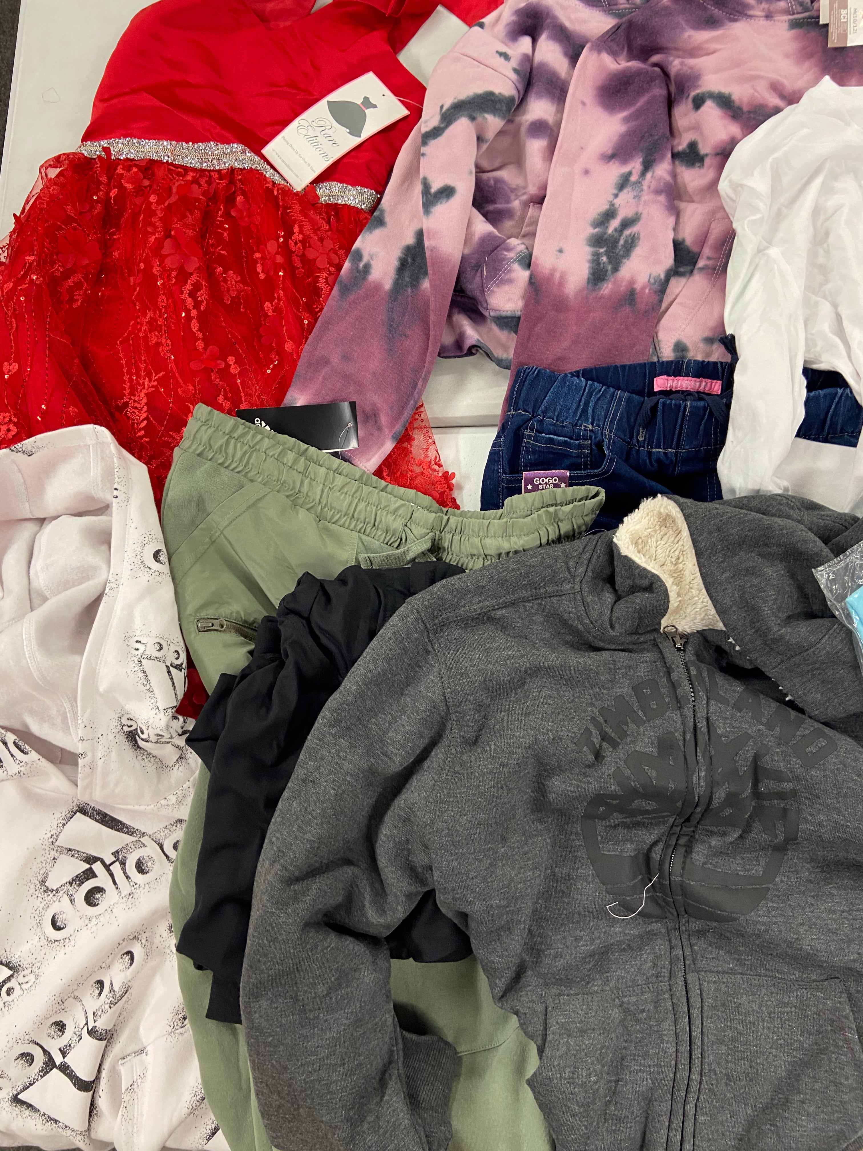 Kid's Clothing Assorted Wholesale Lot, TIMBERLAND, ADIDAS, NIKE, DISNEY, GOGO JEANS and more, 13 items, Shelf Pulls, MSRP $593