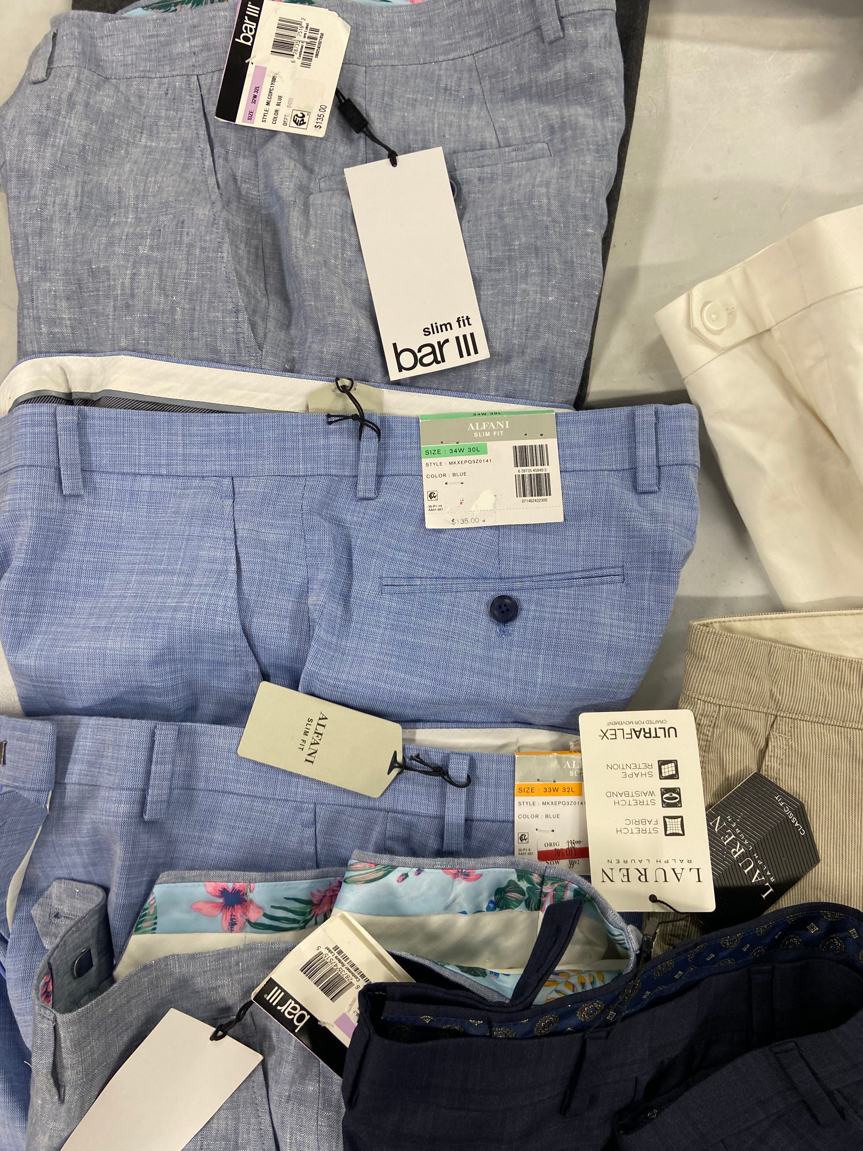 Men's Clothing Dress Pants and Others, Wholesale Lot, LAUREN RALPH LAUREN, MICHAEL KORS, DOCKERS, PERRY ELLIS, Bar III and more, 12 items, Shelf Pulls, MSRP $1,362