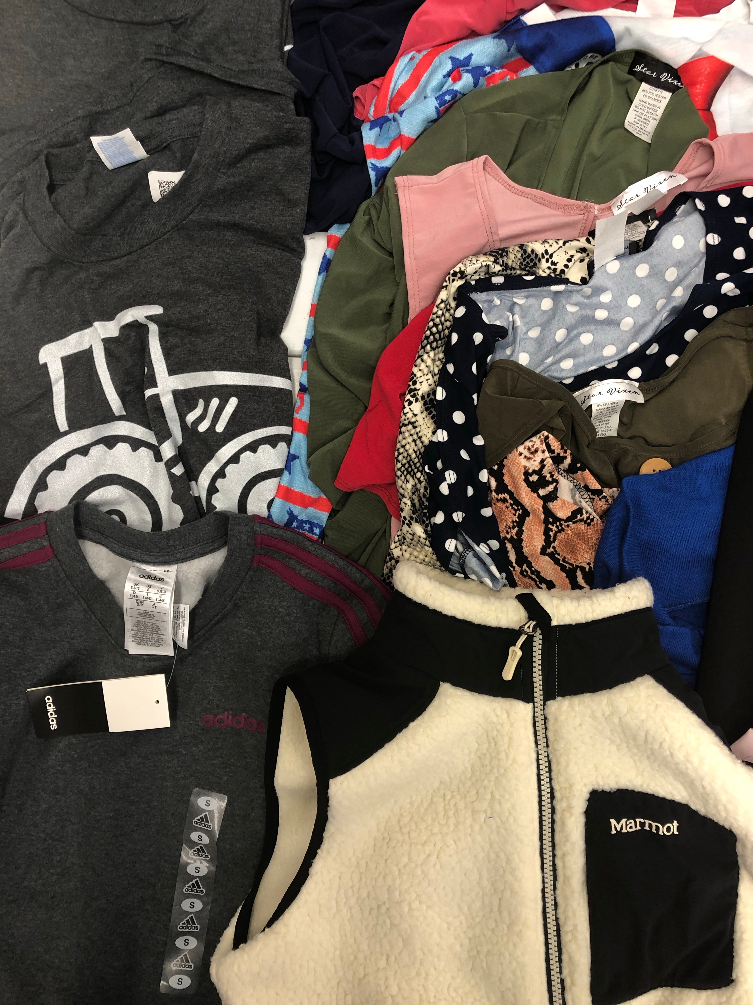Women's Clothing ASSORTED Wholesale Lot, ADIDAS, MARMOT, COLUMBIA, CALVIN KLEIN, KAREN KANE, STAR VIXEN and more, 19 items, Shelf Pulls, MSRP $714