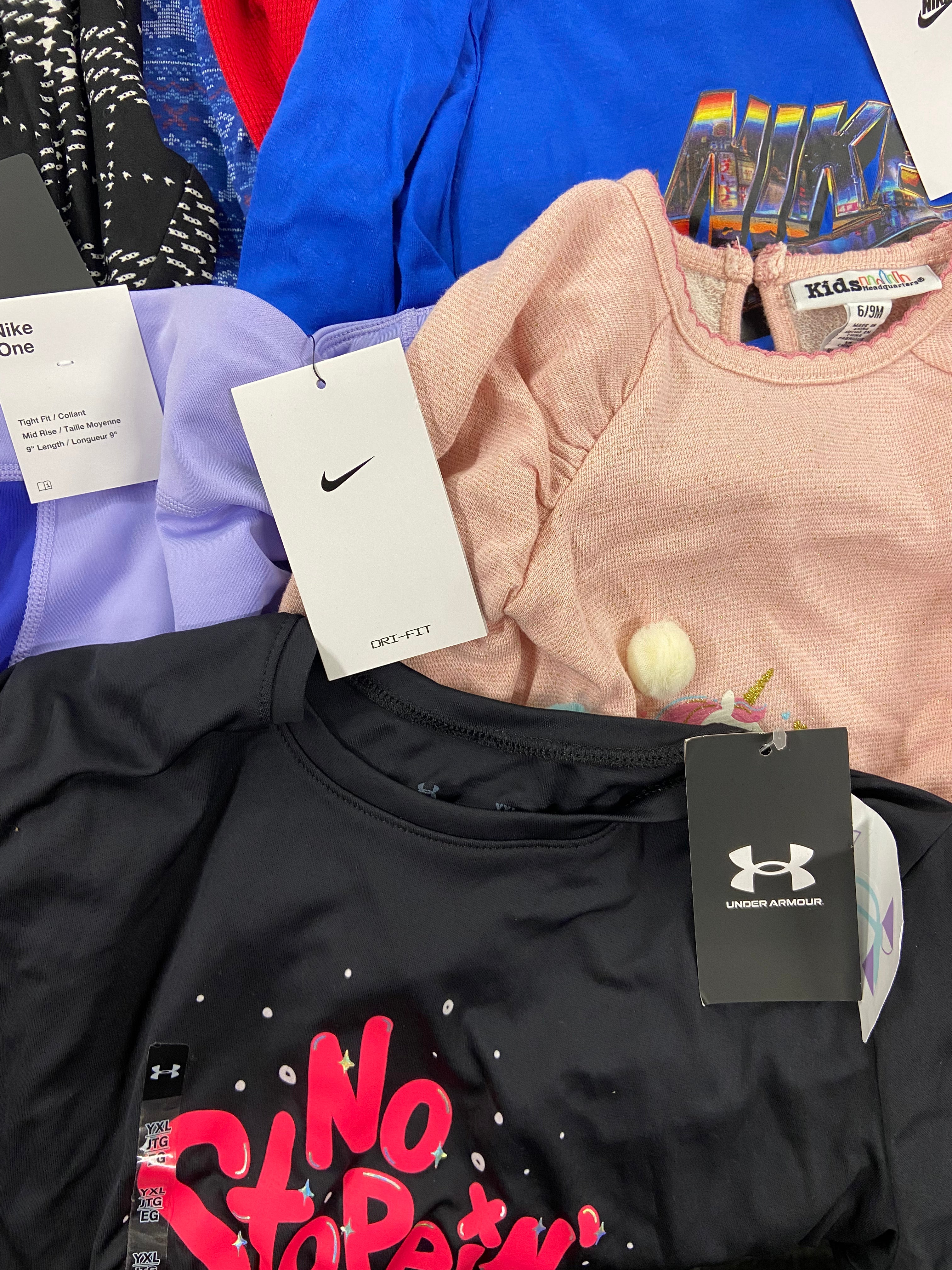 Kid's / Baby's Clothing Assorted Wholesale Lot, NIKE, UNDER ARMOUR, CARTER'S, 32 DEGREES, KIDS HEADQUARTERS, FIRST IMPRESSIONS and more, 28 items, Shelf Pulls, MSRP $699