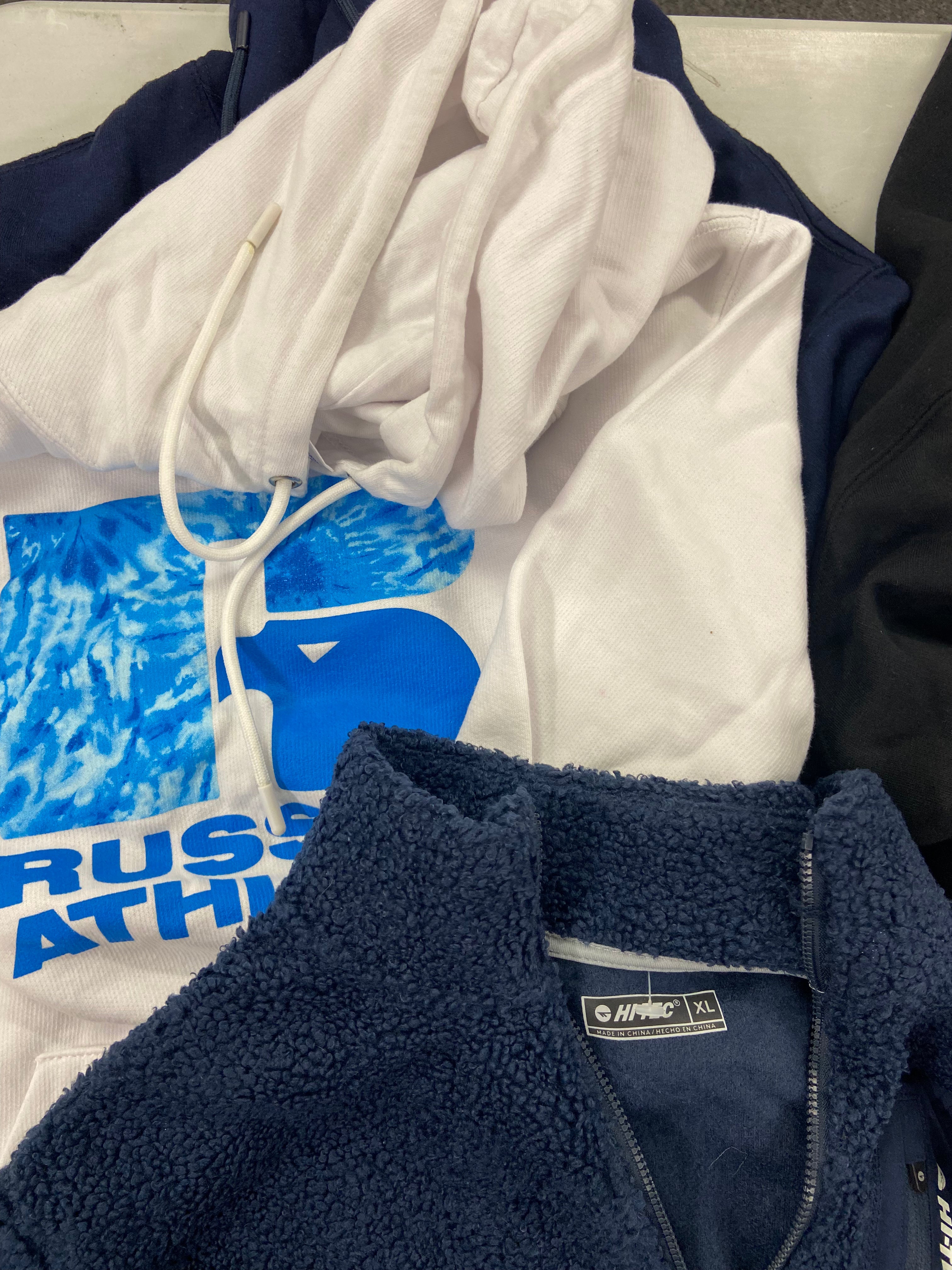 Men's Clothing Tops Wholesale Lot, ADIDAS, EDDIE BAUER, RUSSELL ATHLETIC, WEATHERPROOF, HI TEC and more, 12 items, Shelf Pulls, MSRP $765