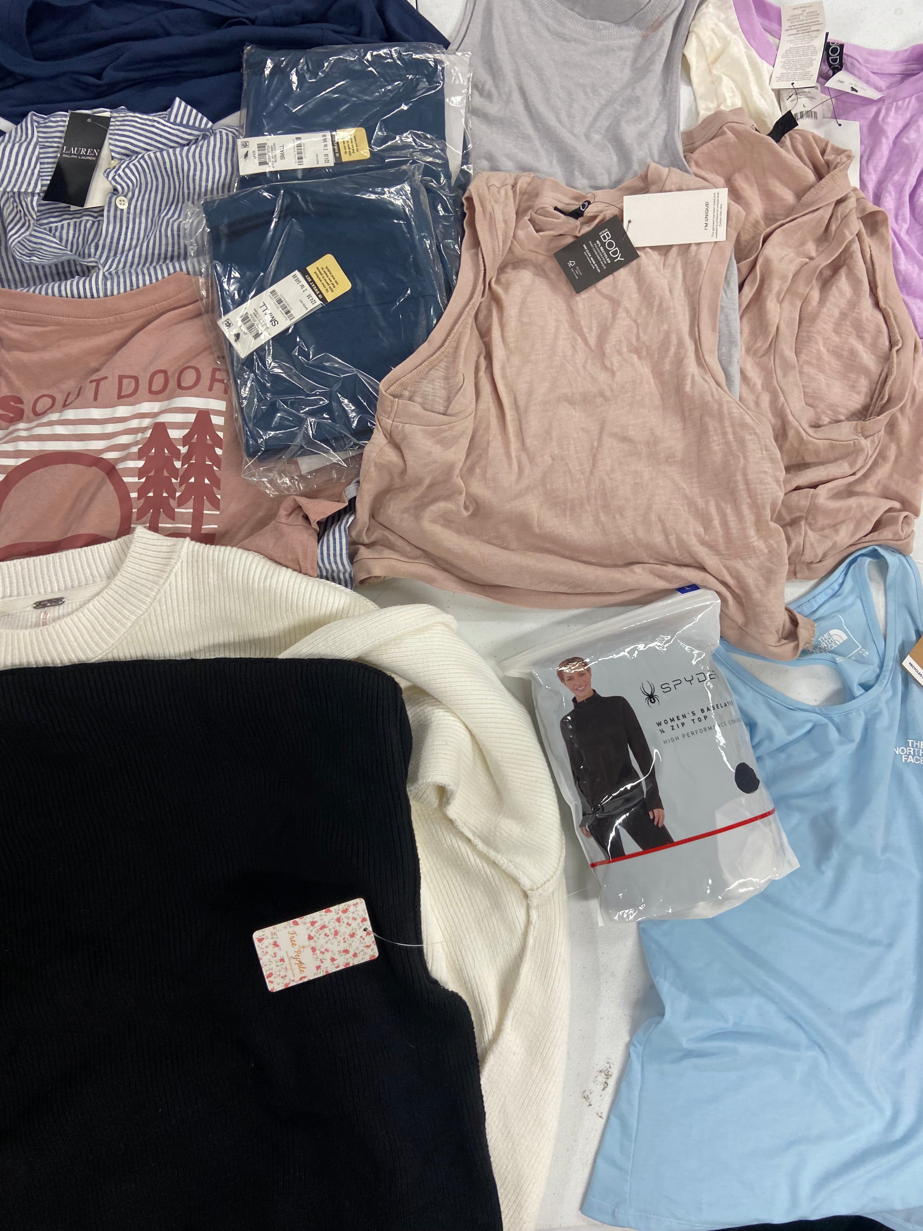 Women's Clothing Tops Wholesale Lot, RALPH LAUREN, THE NORTH FACE, SPYDER, FREE PEOPLE, COTTON ON and more, 13 items, Shelf Pulls, MSRP $598