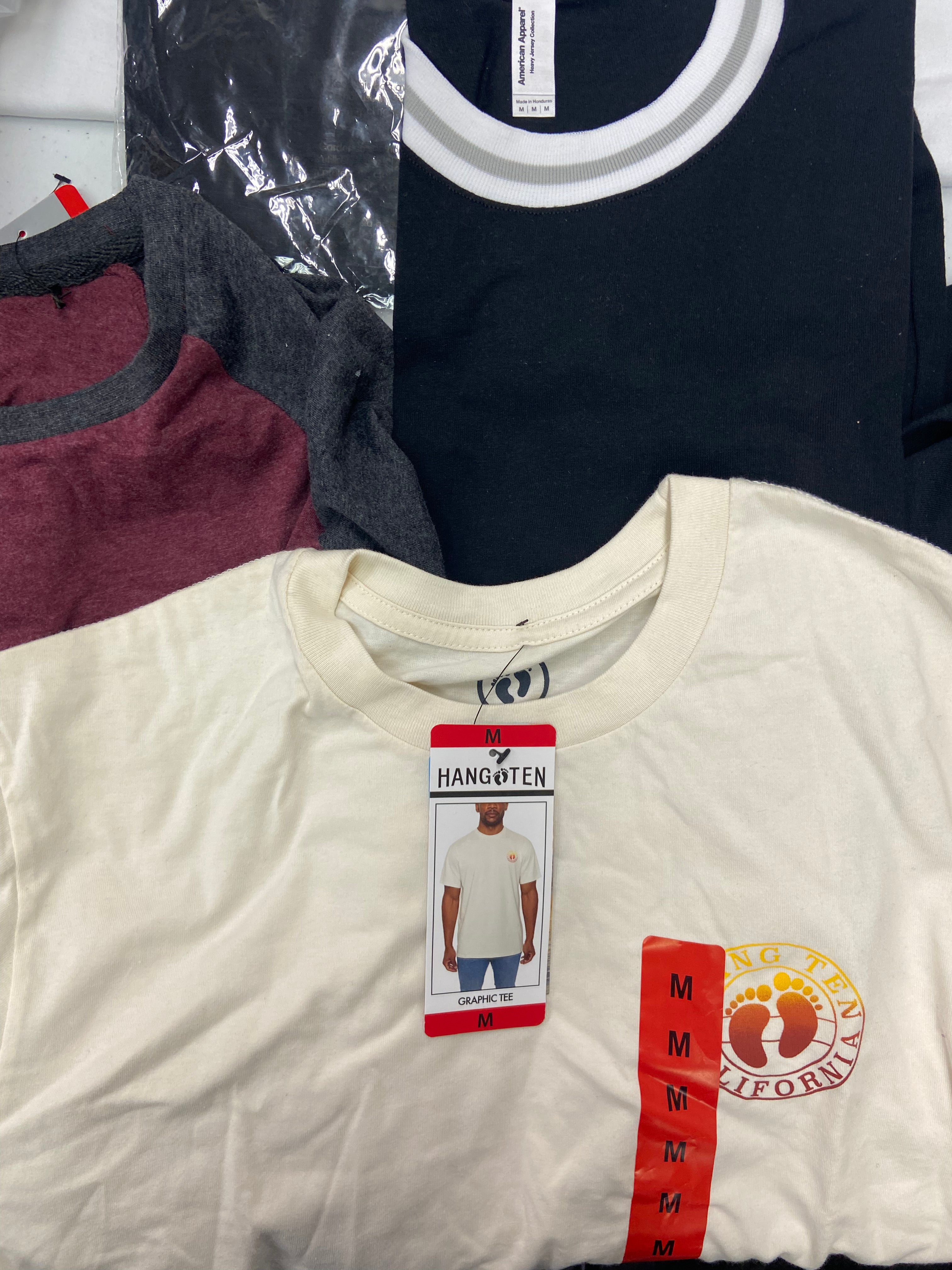 Men's Clothing Tops Wholesale Lot, ADIDAS, CALVIN KLEIN, HURLEY, HANG TEN, DAM GOOD, CATERPILLAR, AMERICAN APPAREL, 27 items, Shelf Pulls, MSRP $871