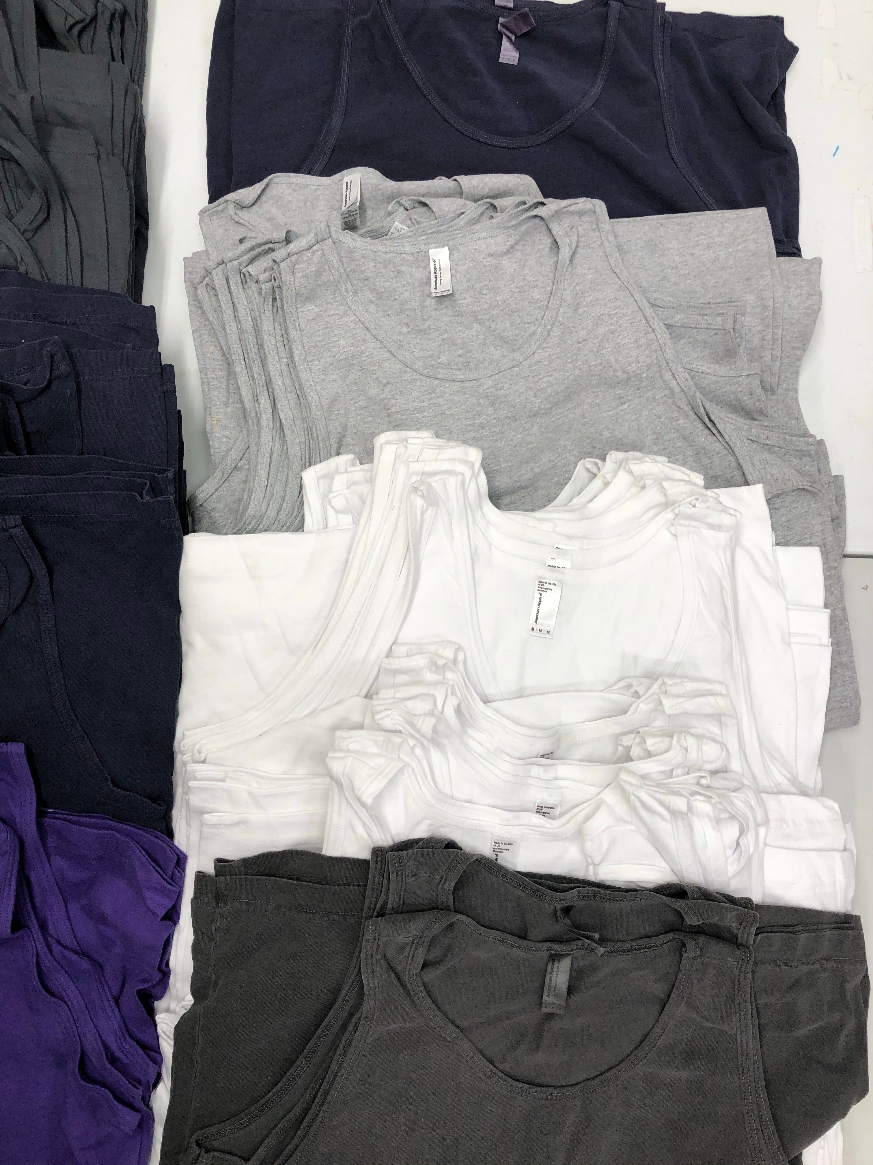 Men's Clothing Tops Sleeveless Wholesale Lot, AMERICAN APPAREL ONLY, 113 Items, Shelf Pulls, MSRP $2,034