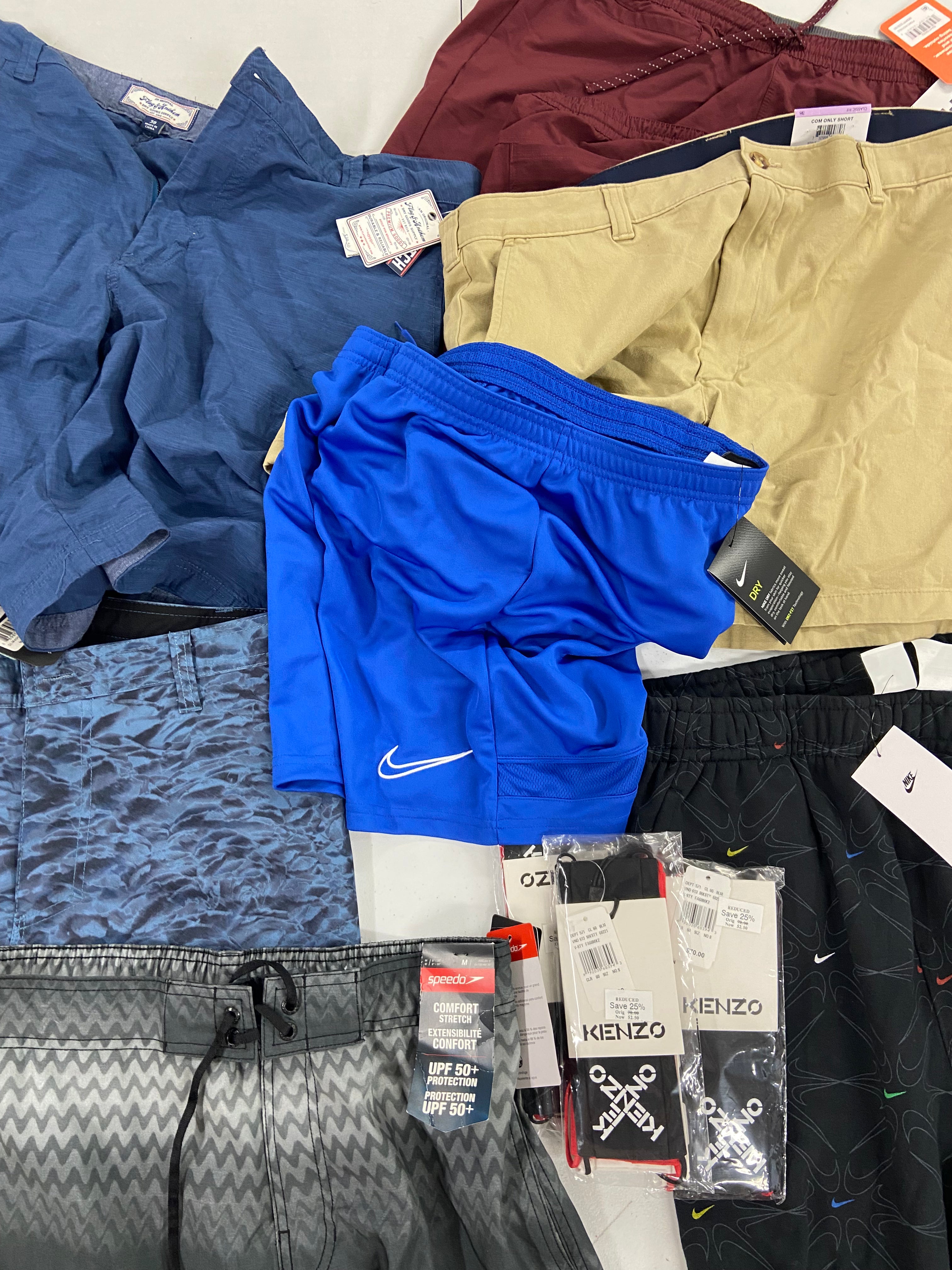 Men's Clothing Shorts & Others Wholesale Lot, NIKE, SPEEDO, BASS OUTDOOR, FLAG & ANTHEM, KENZO and more, 11 items, Shelf Pulls, MSRP $564