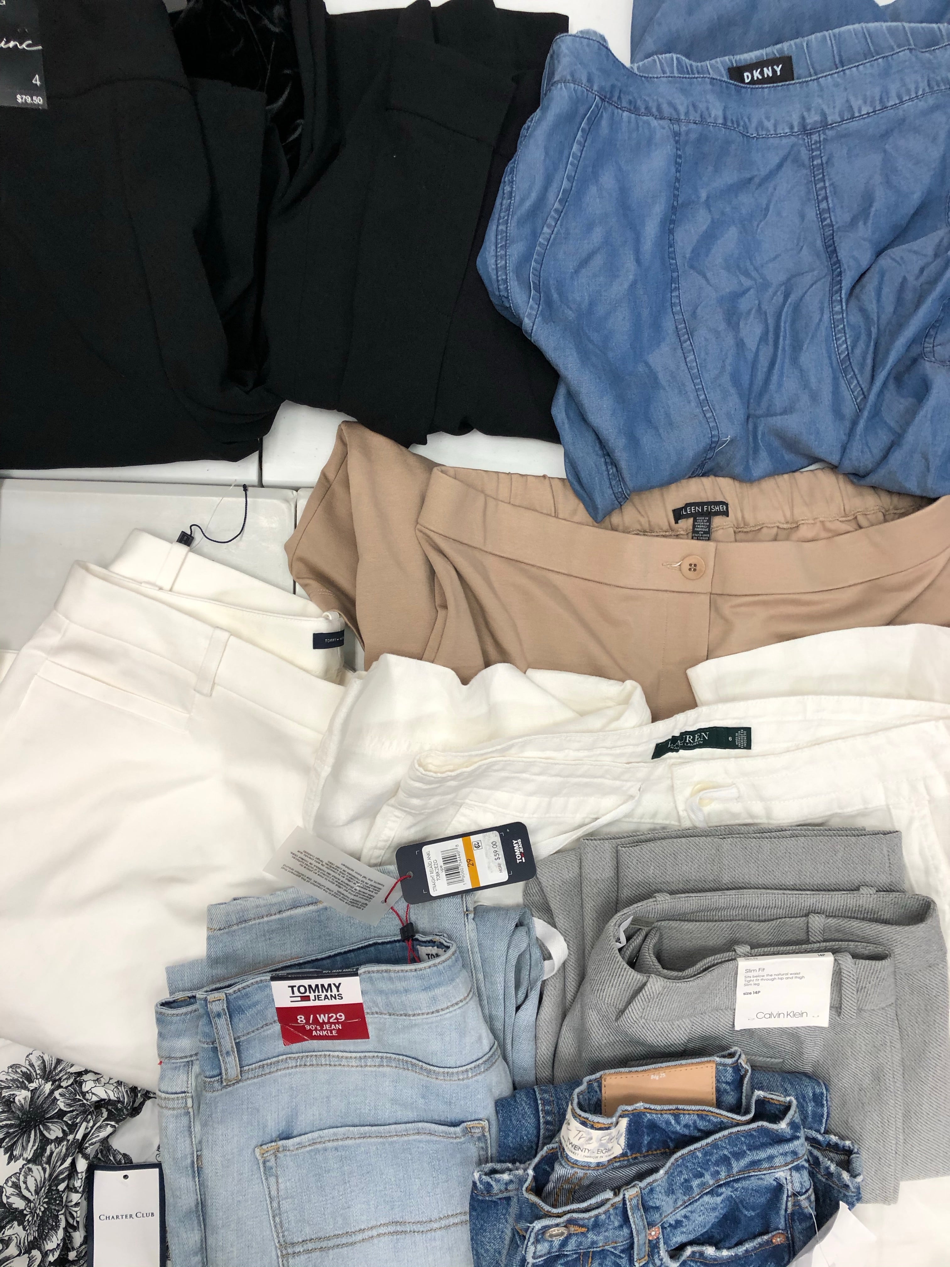 Women's Clothing Bottom Pants Wholesale Lot, LAUREN RALPH LAUREN, TOMMY HILFIGER, CALVIN KLEIN, DKNY, EILEEN FISHER, INC and more, 18 Units, Shelf Pulls, MSRP $1,347