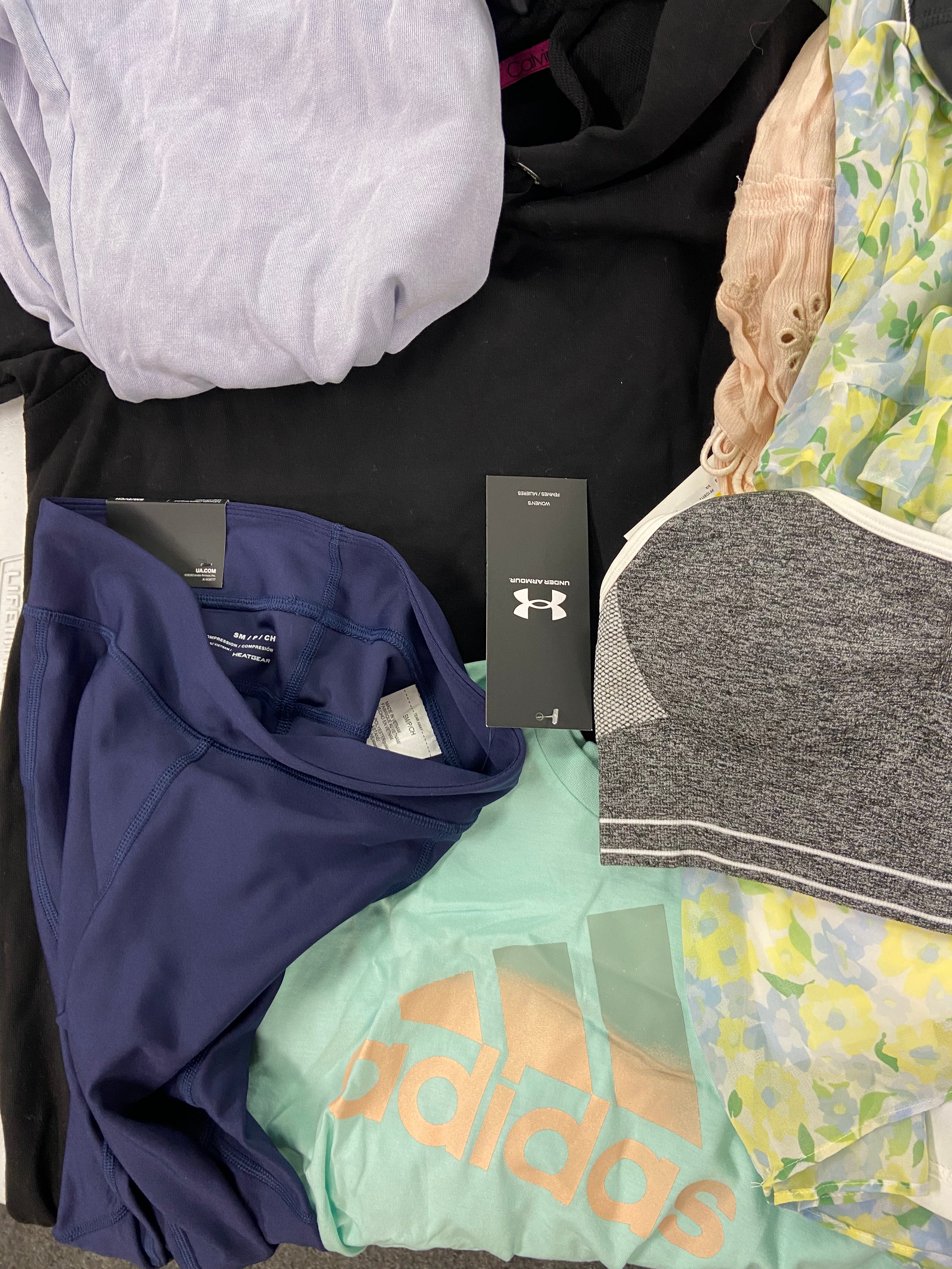 Women's Clothing Assorted Wholesale Lot, FREE PEOPLE, ADIDAS, NIKE, UNDER ARMOUR, DKNY, CALVIN KLEIN, and more, 18 items, Shelf Pulls, MSRP $1,289