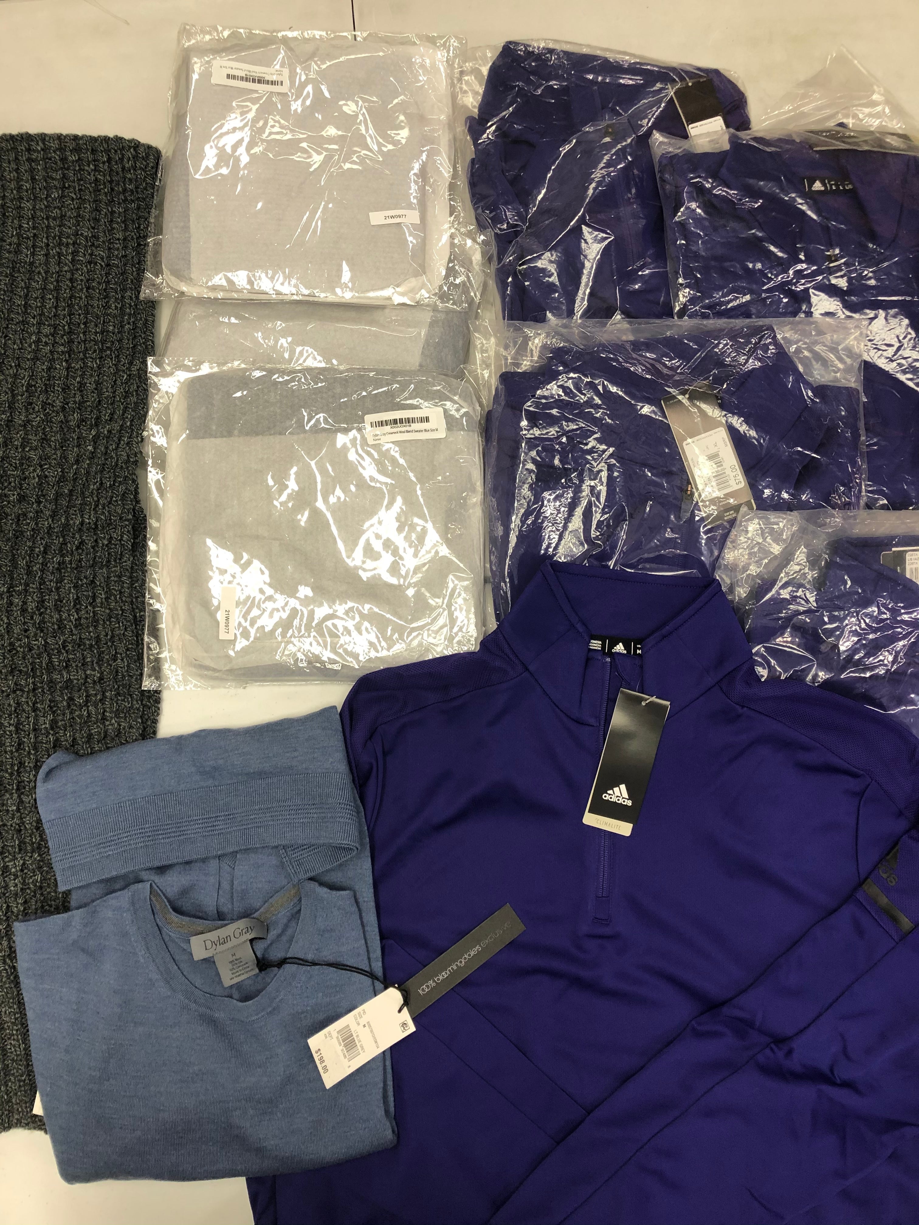 Men's Clothing Tops and Scarf Wholesale Lot, ADIDAS, STEVE MADDEN, DYLAN GRAY, 10 items, New, MSRP $1,213