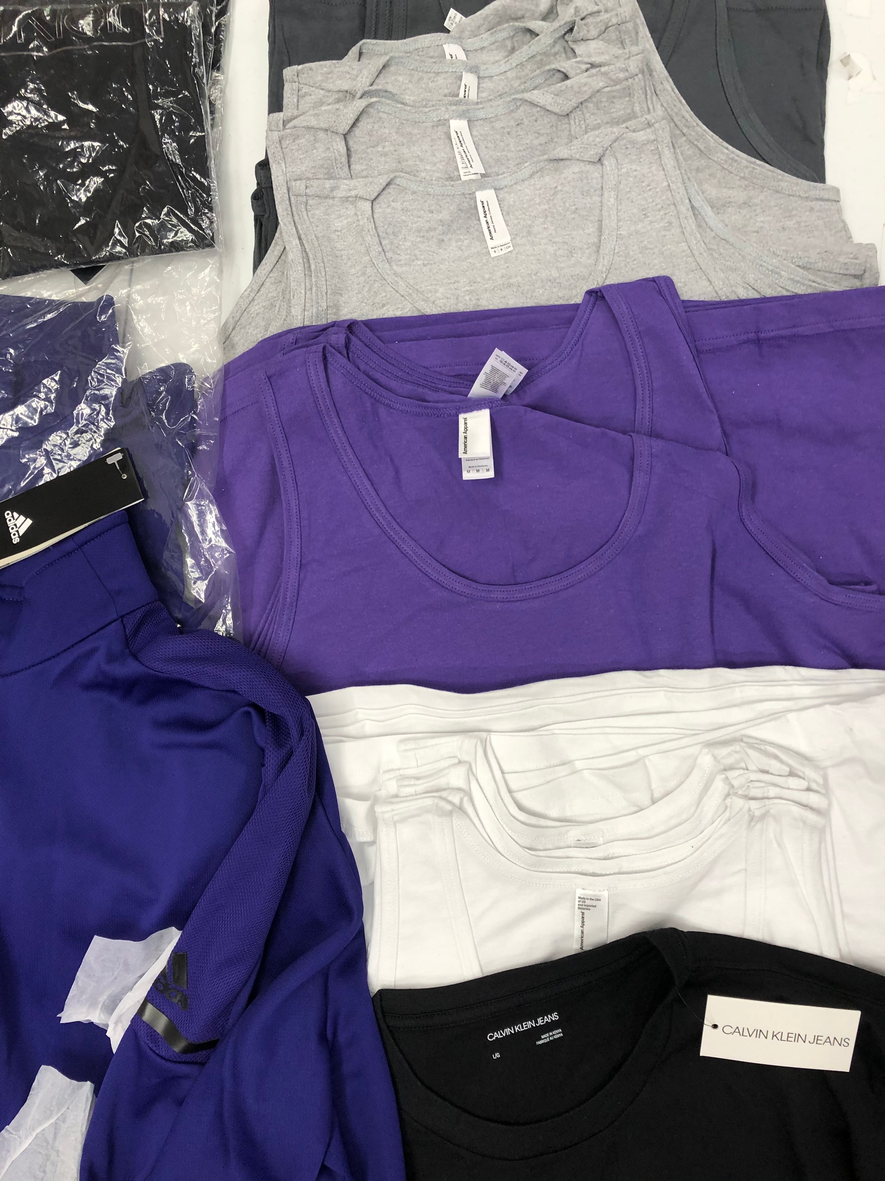 Men's Clothing Tops, Sleeveless & Scarf Wholesale Lot, ADIDAS, CALVIN KLEIN, TASSO ELBA, AMERICAN APPAREL , 30 items, Shelf Pulls, MSRP $830