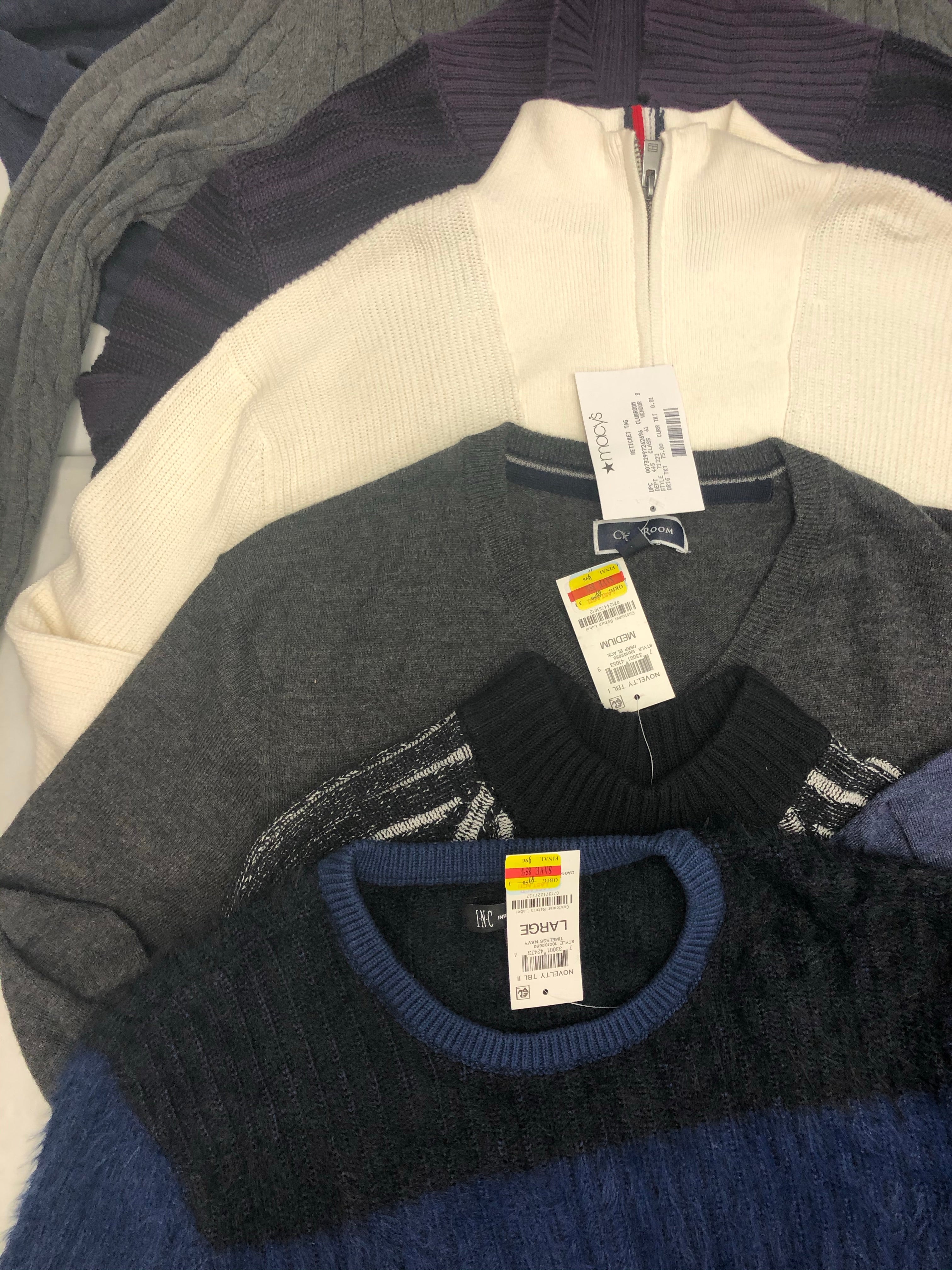 Men's Clothing Sweater Wholesale Lot, Polo Ralph Lauren, Tommy Hilfiger, Tasso Elba, Weatherproof, Club Room and more, 11 Units, Shelf Pulls, MSRP $847.50