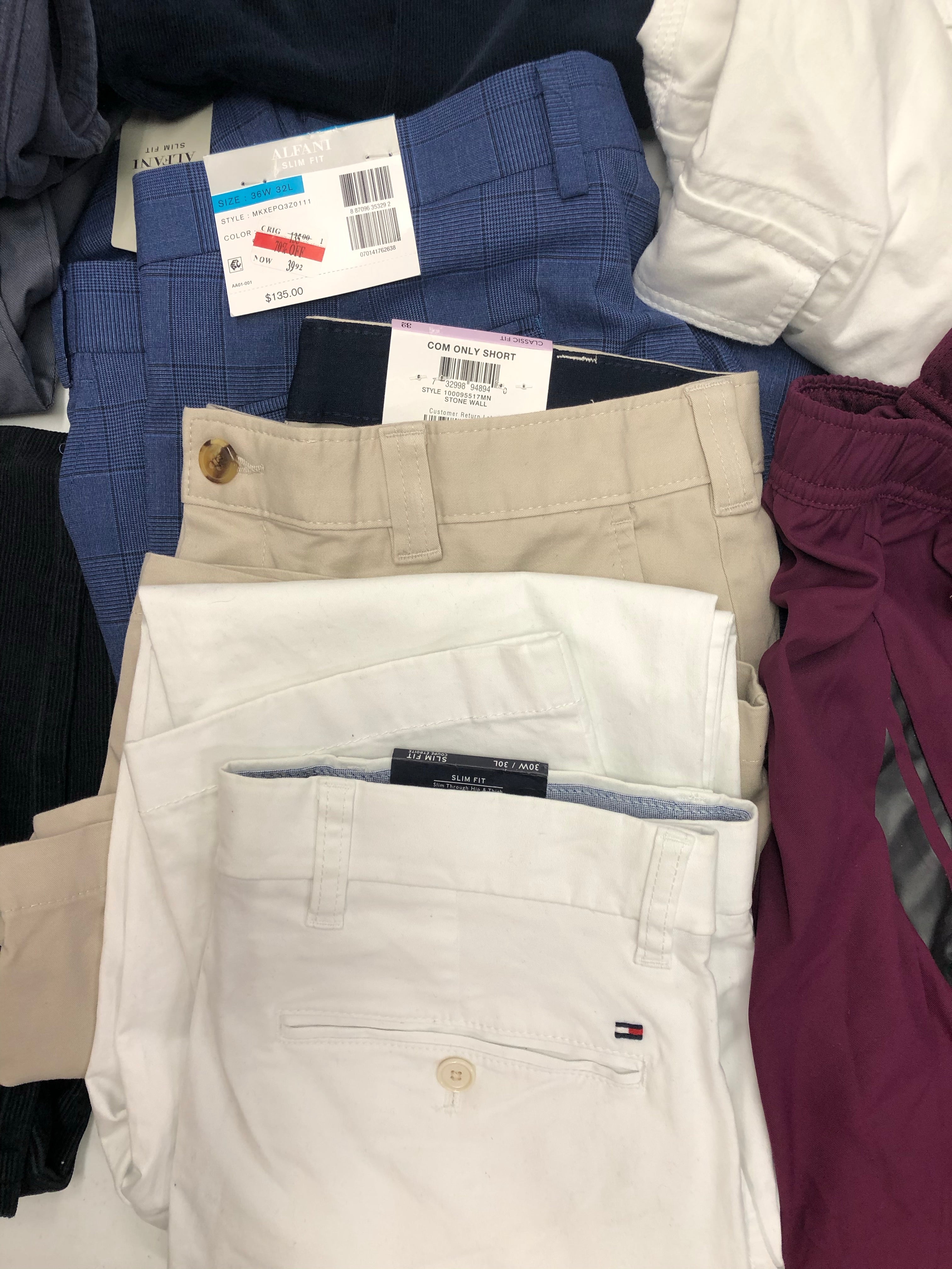 Men's Clothing Bottom Wholesale Lot, Levi's, Nike, Champion, Tommy Hilfiger, American Apparel, Club Room and more, 17 Units, Shelf Pulls, MSRP $888.46
