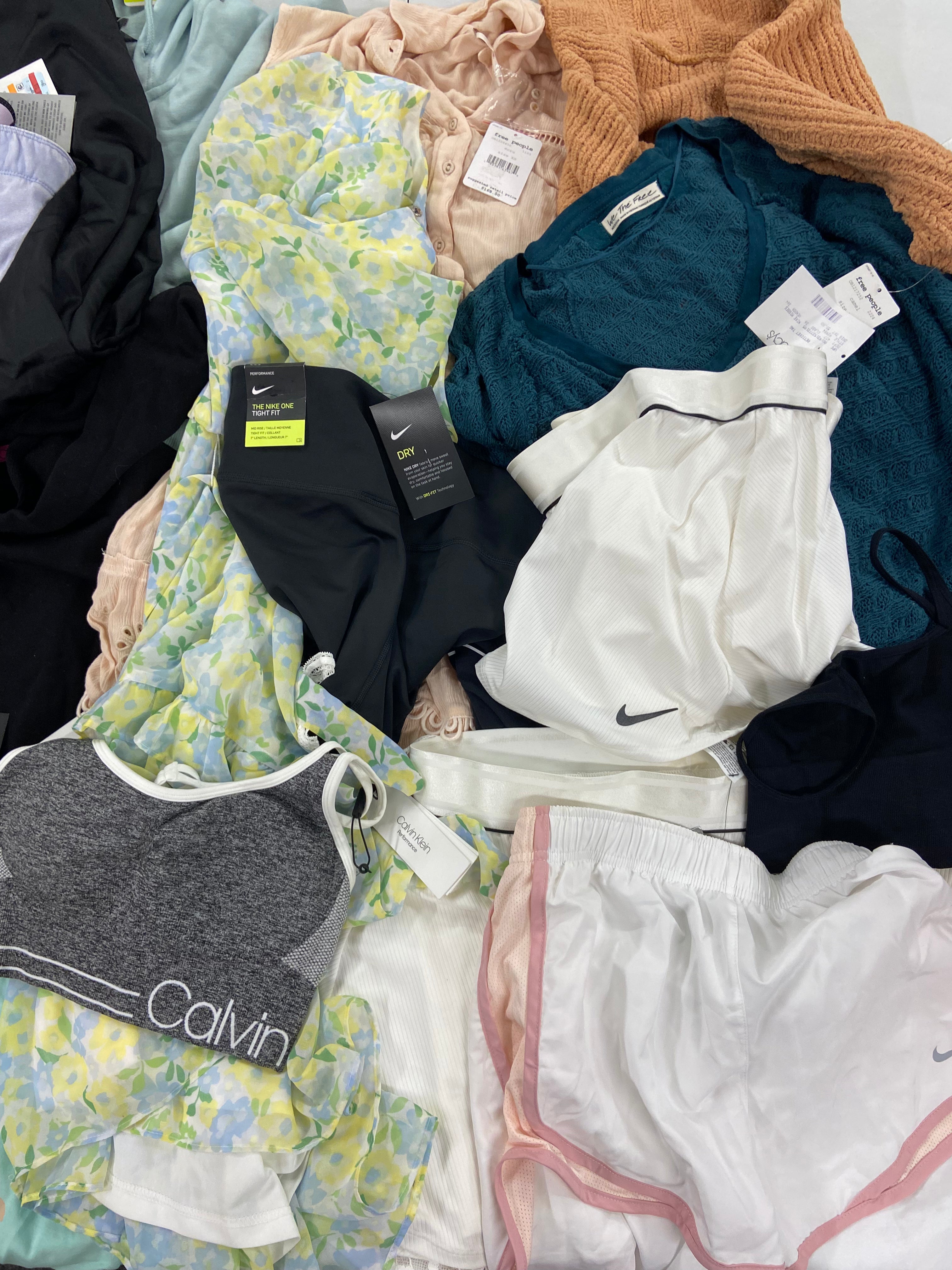 Women's Clothing Assorted Wholesale Lot, FREE PEOPLE, ADIDAS, NIKE, UNDER ARMOUR, DKNY, CALVIN KLEIN, and more, 18 items, Shelf Pulls, MSRP $1,289