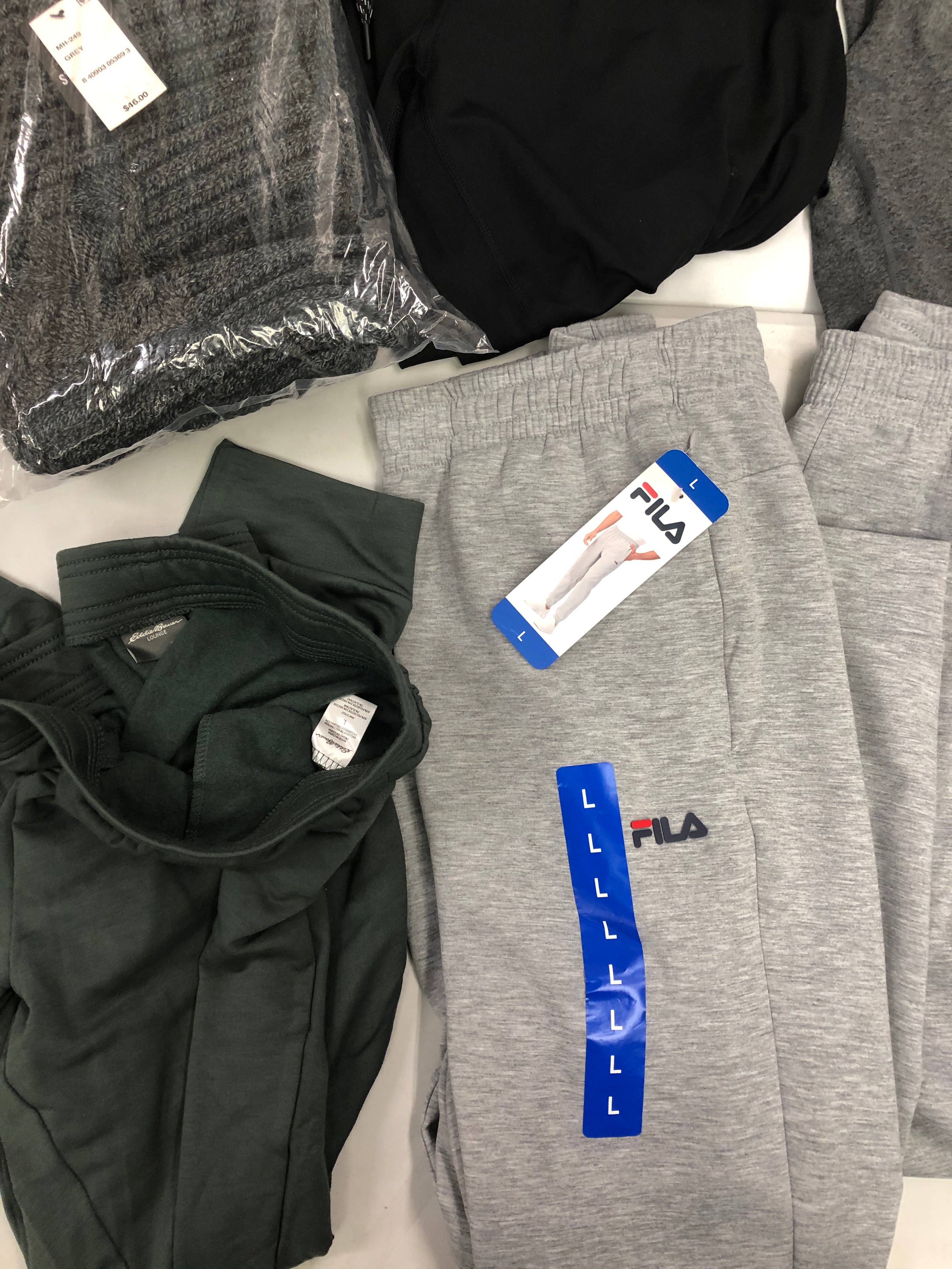 Men's Clothing Sweatpants and more Wholesale Lot, FILA, EDDIE BAUER, STEVE MADDEN, KIRKLAND and more, 8 items, Shelf Pulls, MSRP $381