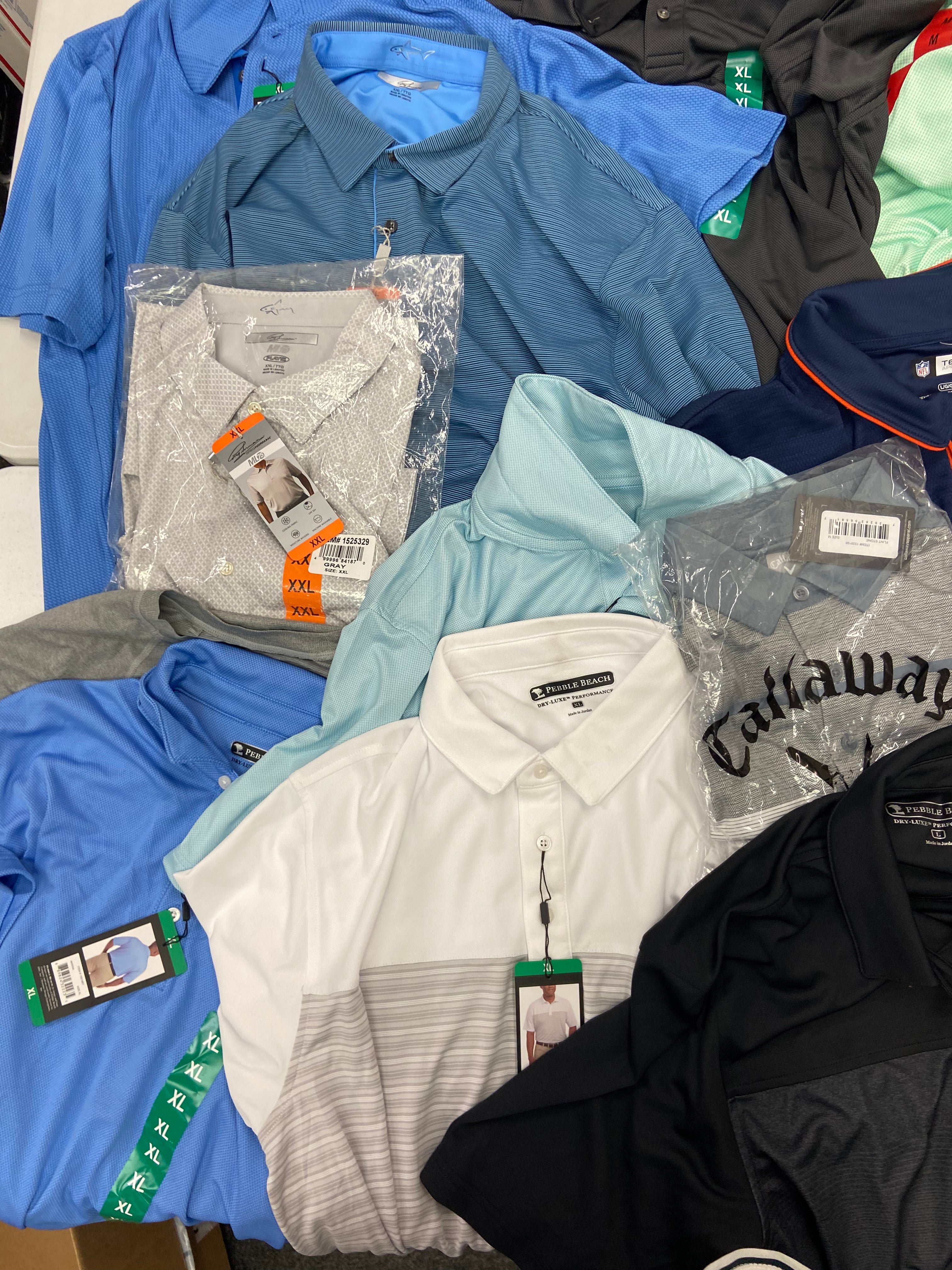 Men's Clothing Golf Polo Shirts & Other Tops Wholesale Lot, CALLAWAY, GREG NORMAN, BOLLE, PEBBLE BEACH, MONDETTA and more, 16 items, Shelf Pulls, MSRP $652