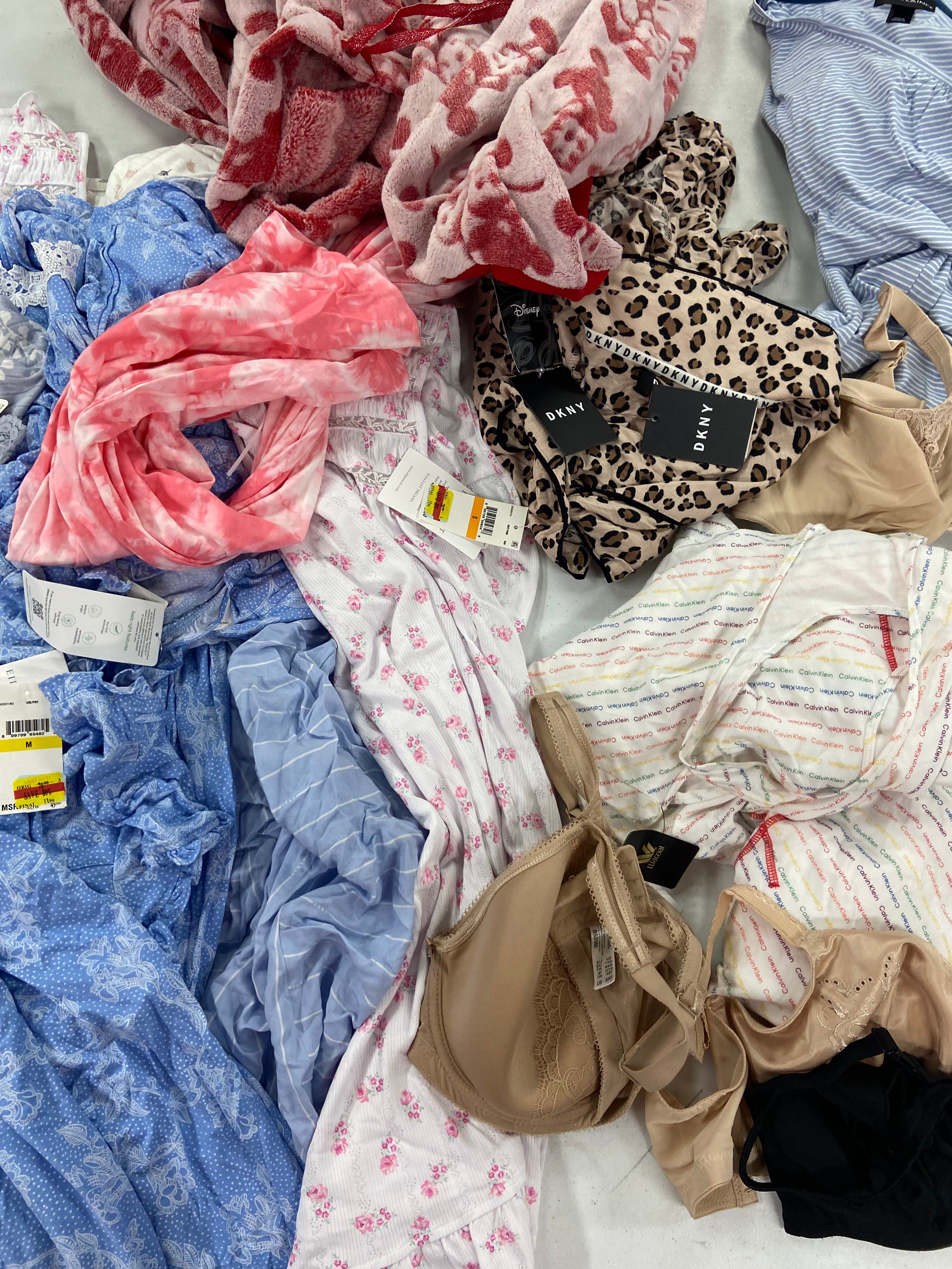 Women's INTIMATES Wholesale Lot, DISNEY, WACOAL, DKNY, CALVIN KLEIN, FLORA, Eileen West and more, 21 items, Shelf Pulls, MSRP $1,198