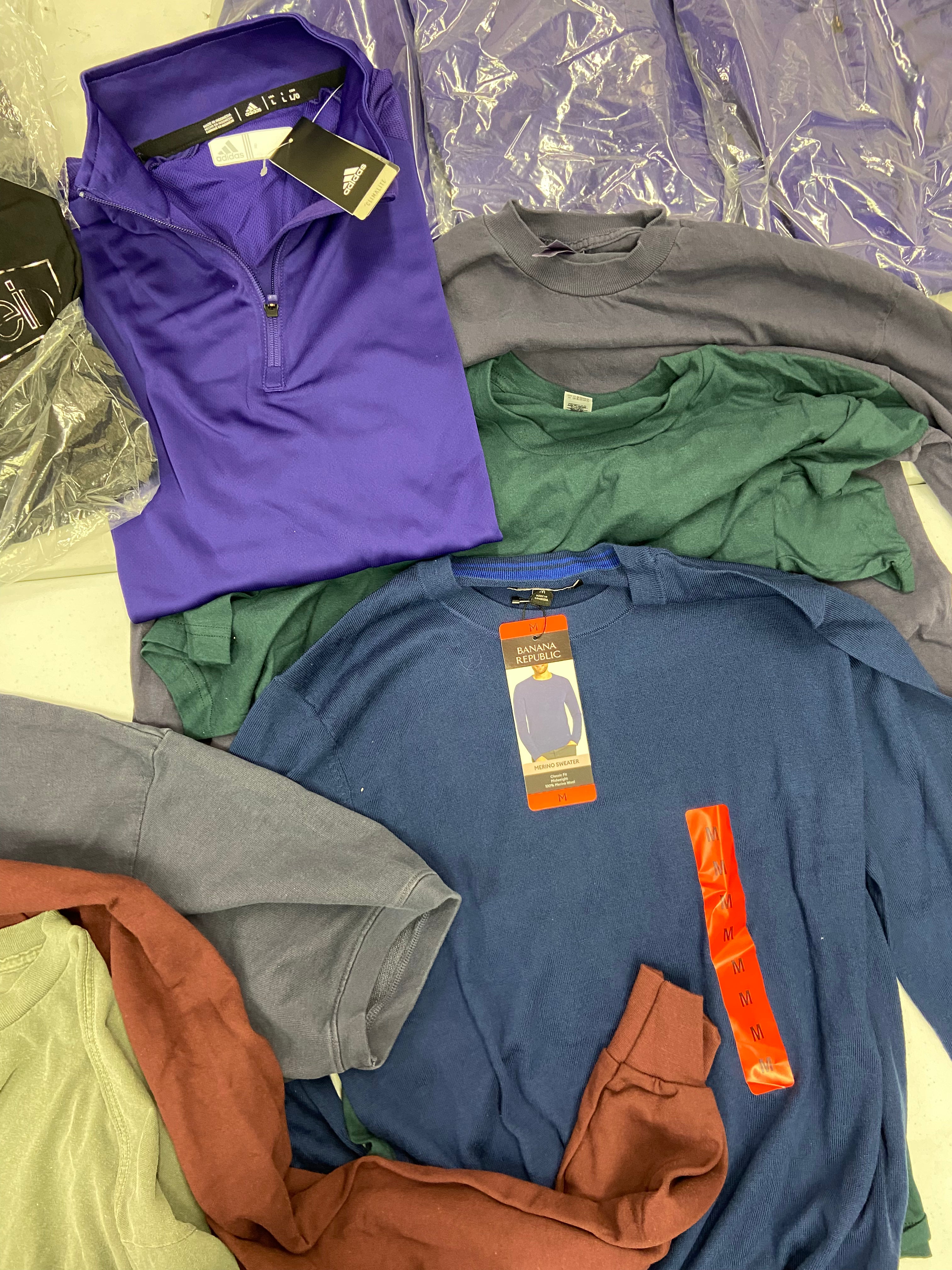 Men's Clothing Sweater and Other Tops Wholesale Lot, BANANA REPUBLIC, ADIDAS, CALVIN KLEIN, AMERICAN APPAREL and more, 13 items, Shelf Pulls, MSRP $870