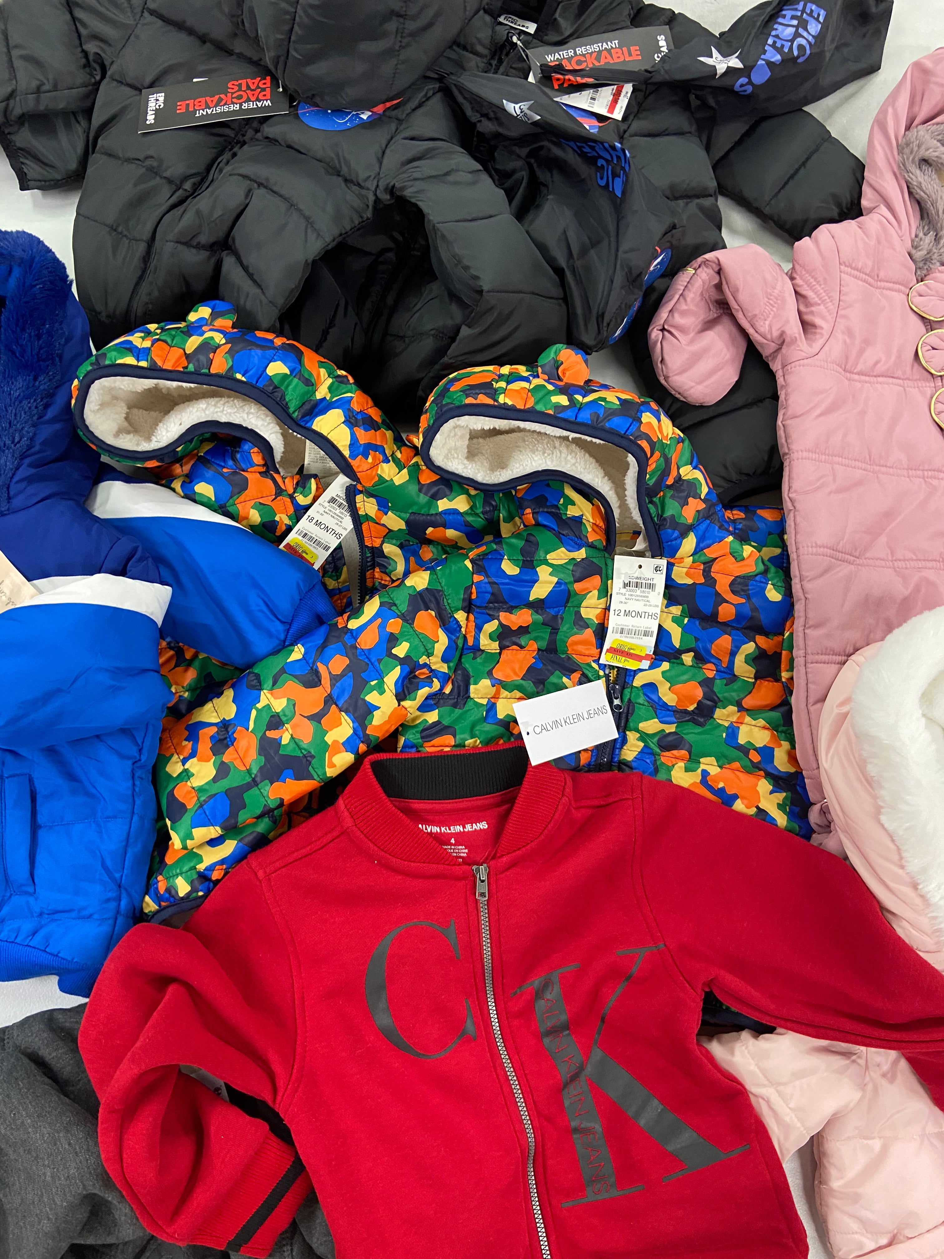 Kid's Clothing Winter Jackets & Others Wholesale Lot, TIMBERLAND, CALVIN KLEIN, EPIC THREADS, FIRST IMPRESSIONS, 11 items, Shelf Pulls, MSRP $576
