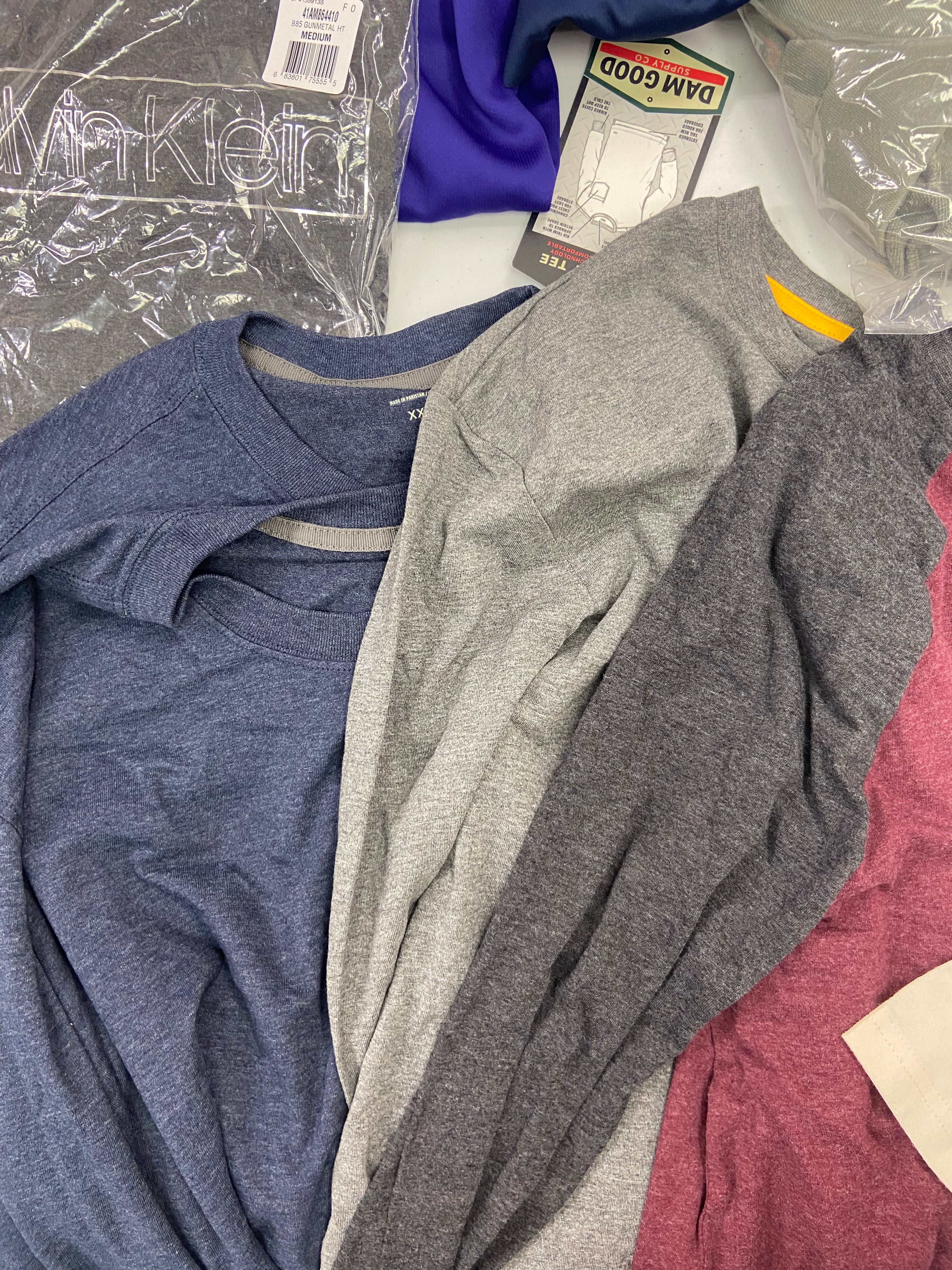 Men's Clothing Tops Wholesale Lot, ADIDAS, CALVIN KLEIN, HURLEY, HANG TEN, DAM GOOD, CATERPILLAR, AMERICAN APPAREL, 27 items, Shelf Pulls, MSRP $871