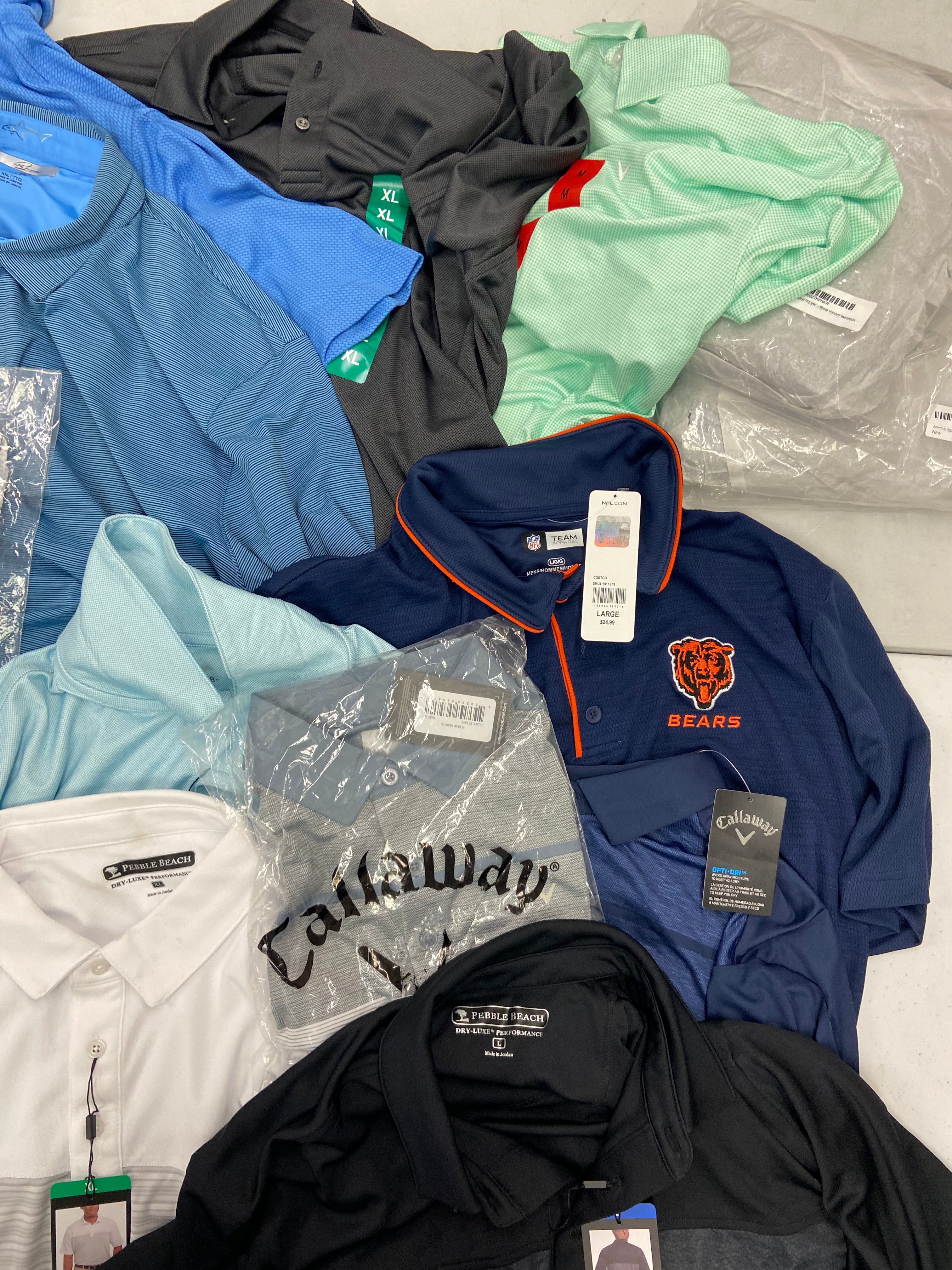 Men's Clothing Golf Polo Shirts & Other Tops Wholesale Lot, CALLAWAY, GREG NORMAN, BOLLE, PEBBLE BEACH, MONDETTA and more, 16 items, Shelf Pulls, MSRP $652