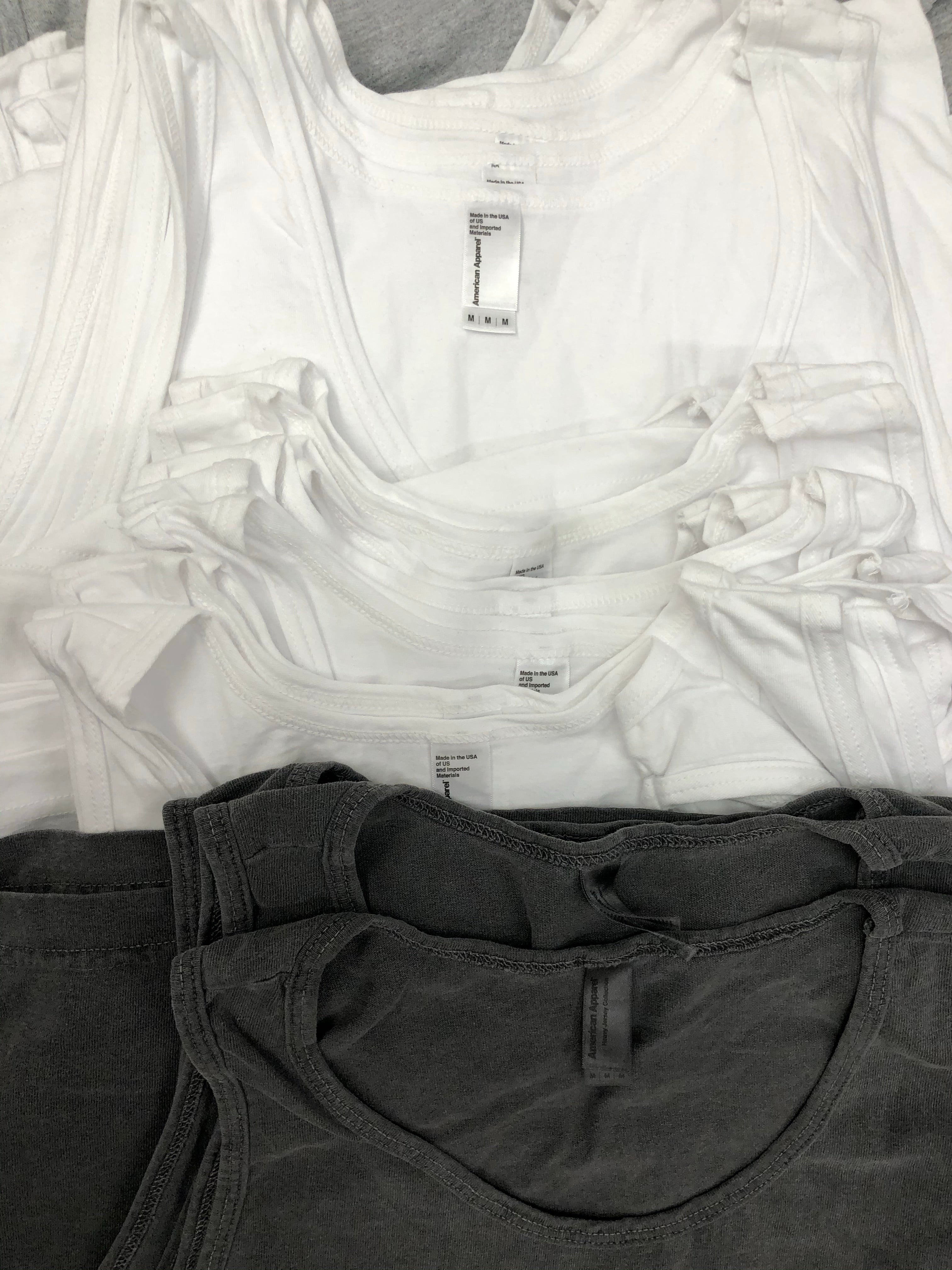 Men's Clothing Tops Sleeveless Wholesale Lot, AMERICAN APPAREL ONLY, 113 Items, Shelf Pulls, MSRP $2,034