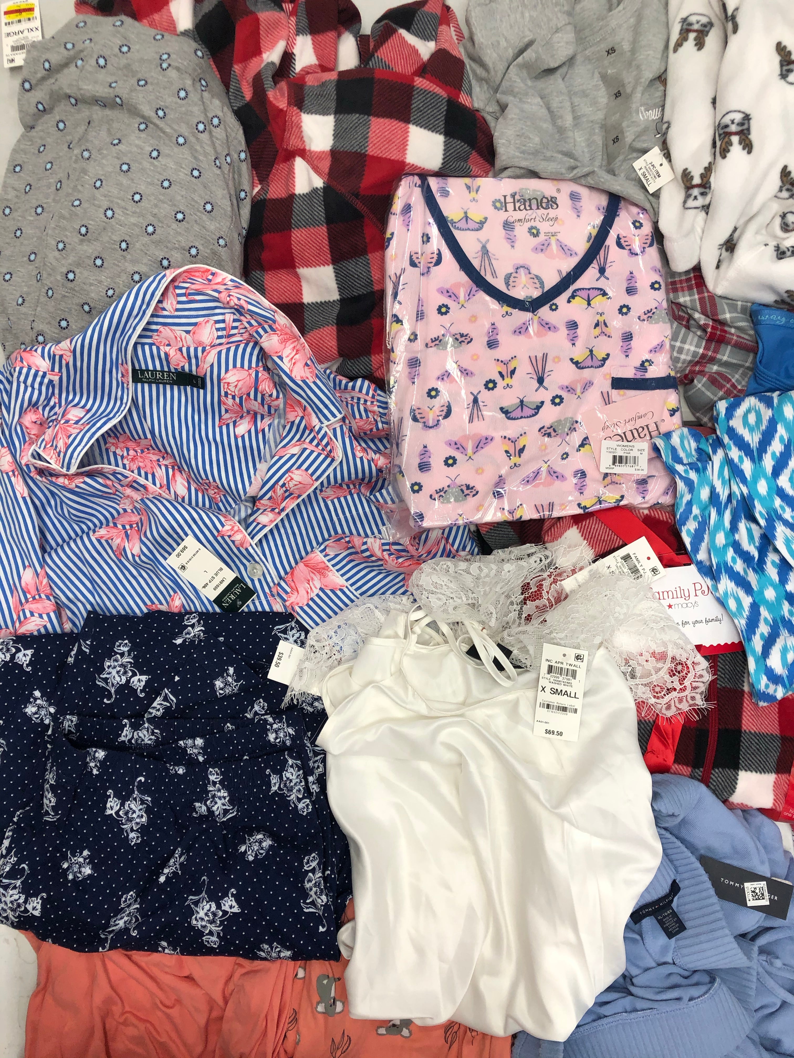 Women's Clothing Pajama Wholesale Lot, Lauren Ralph Lauren, Tommy Hilfiger, Charter Club, Family Pajamas, Muk Luks, Hanes and more, 14 Units, Shelf Pulls, MSRP $658.98