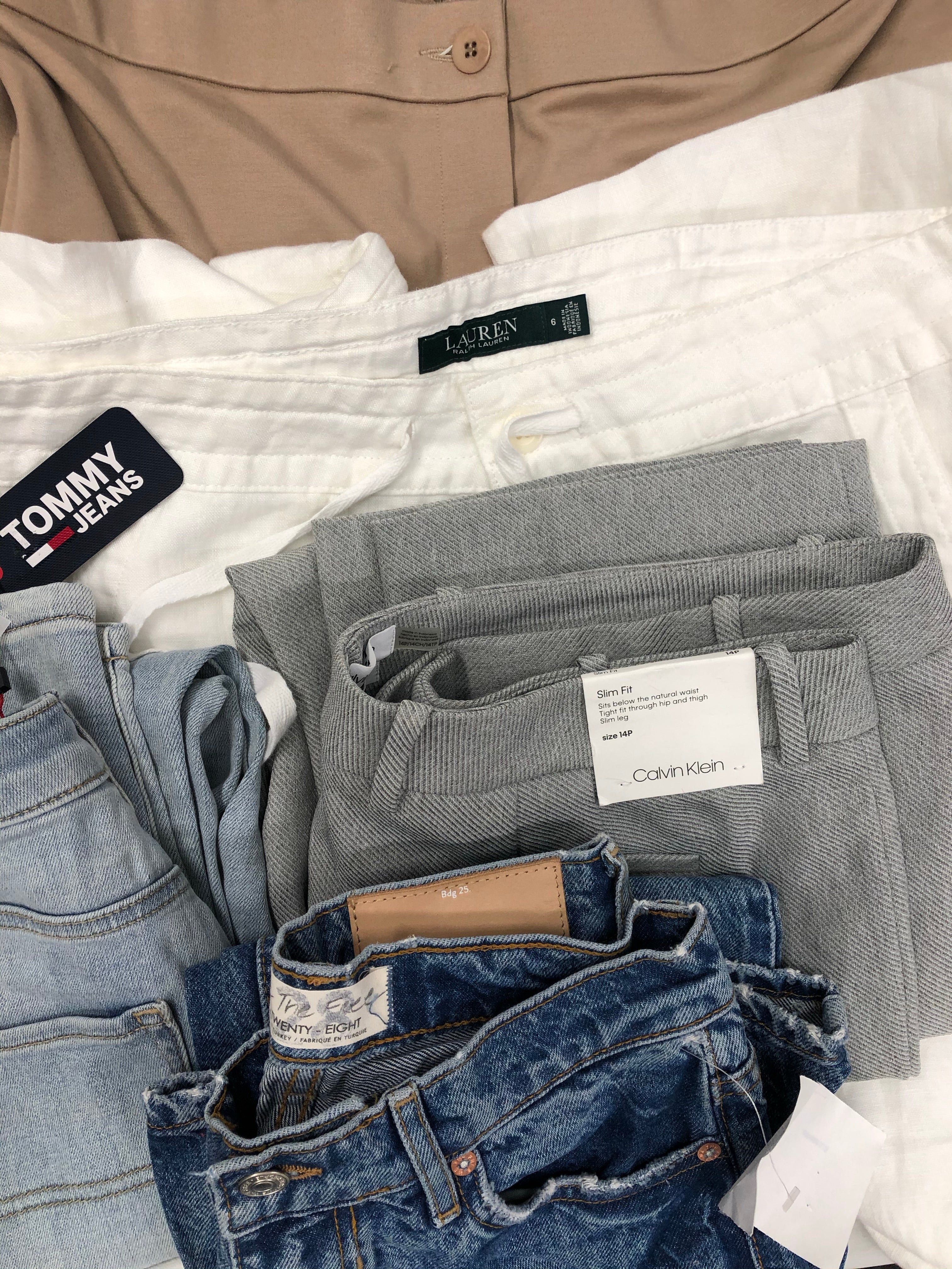 Women's Clothing Bottom Pants Wholesale Lot, LAUREN RALPH LAUREN, TOMMY HILFIGER, CALVIN KLEIN, DKNY, EILEEN FISHER, INC and more, 18 Units, Shelf Pulls, MSRP $1,347