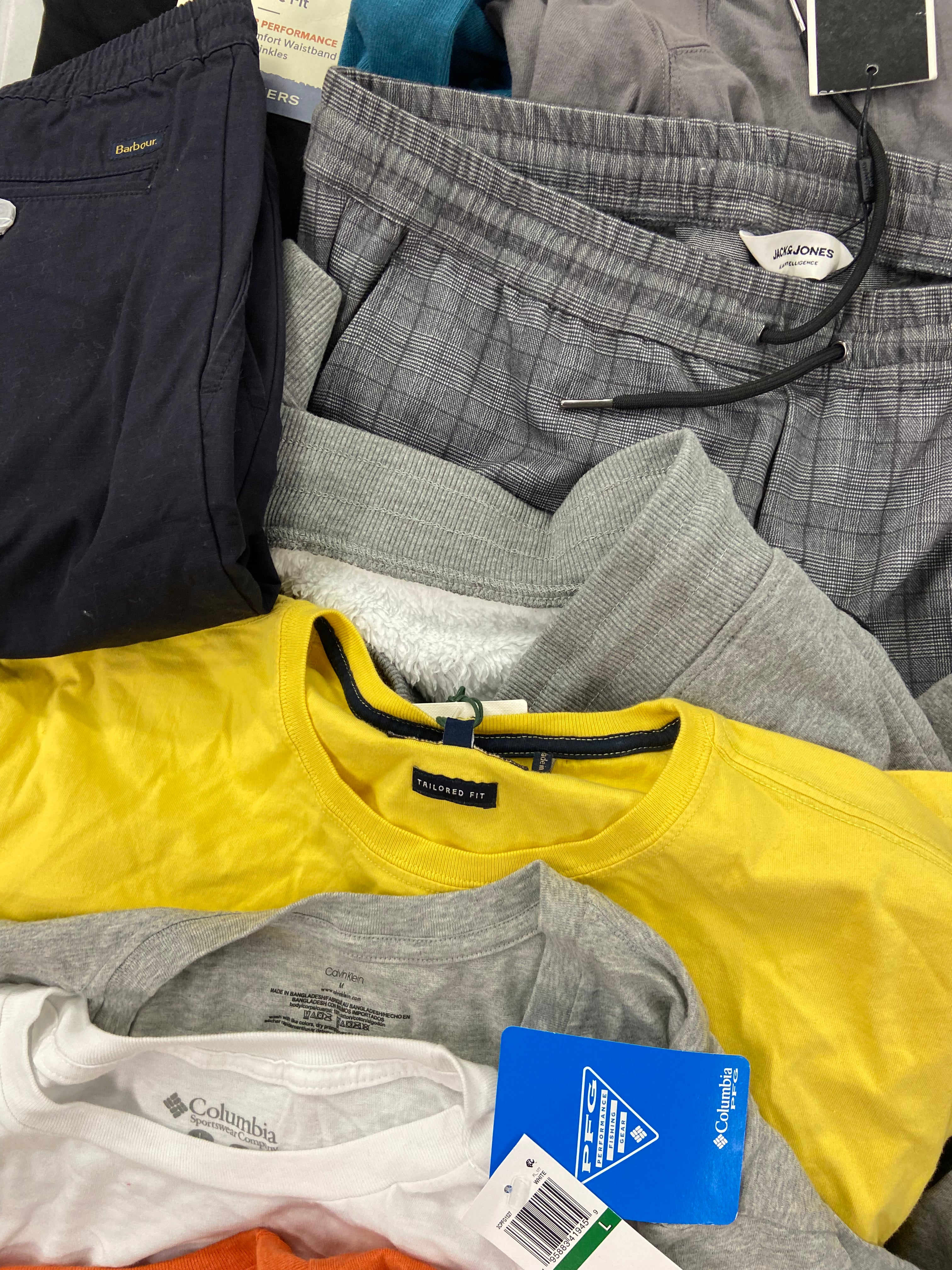 Men's Clothing T-Shirts & Others Wholesale Lot, ADIDAS, COLUMBIA, CALVIN KLEIN, UNDER ARMOUR, DOCKERS, UNIVIBE and more, 19 items, Shelf Pulls, MSRP $1,088