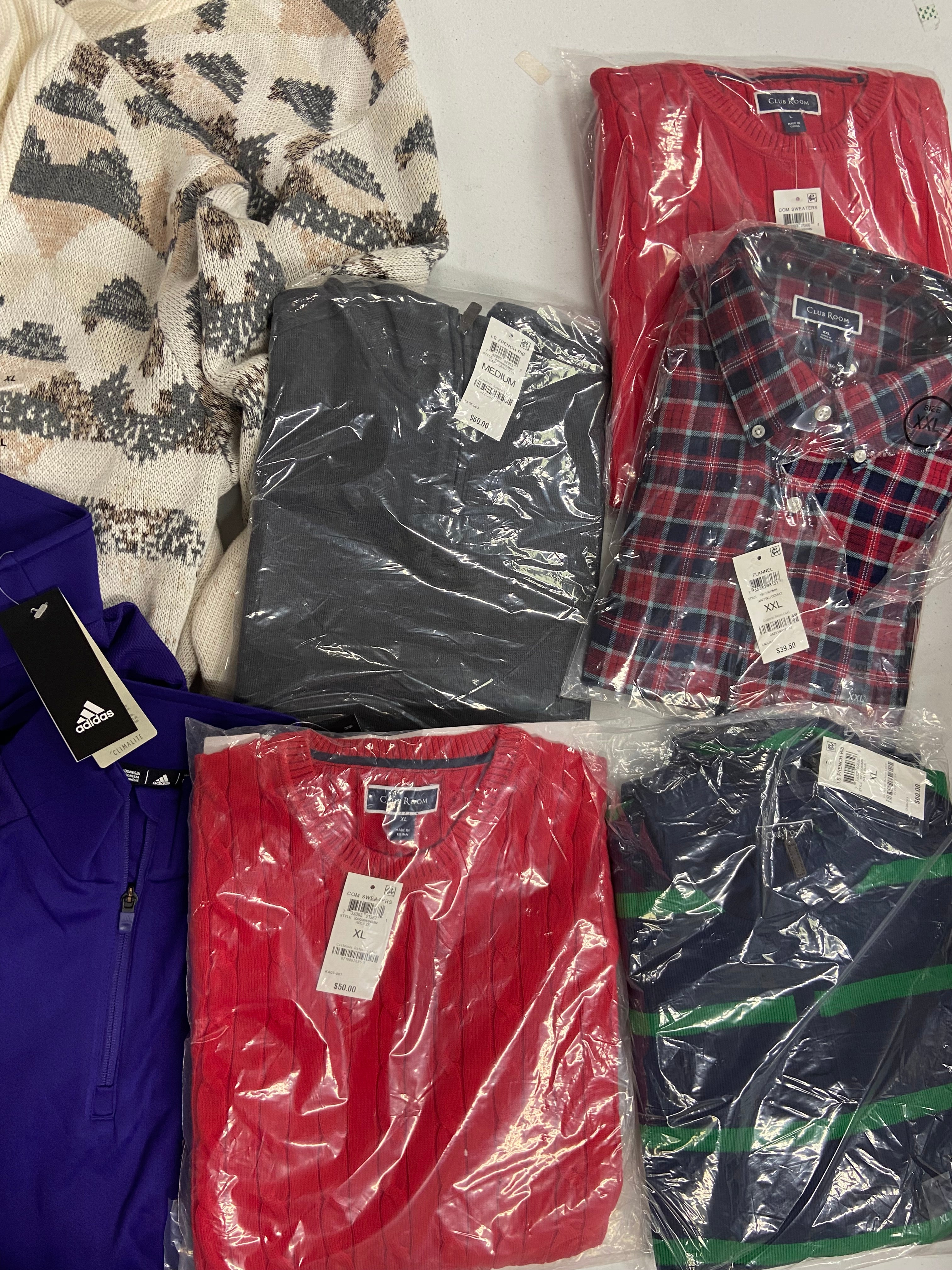 Men's Clothing Sweaters & Other Tops Wholesale Lot, ADIDAS, CLUB ROOM, ALFANI, 9 items, Shelf Pulls, MSRP $650