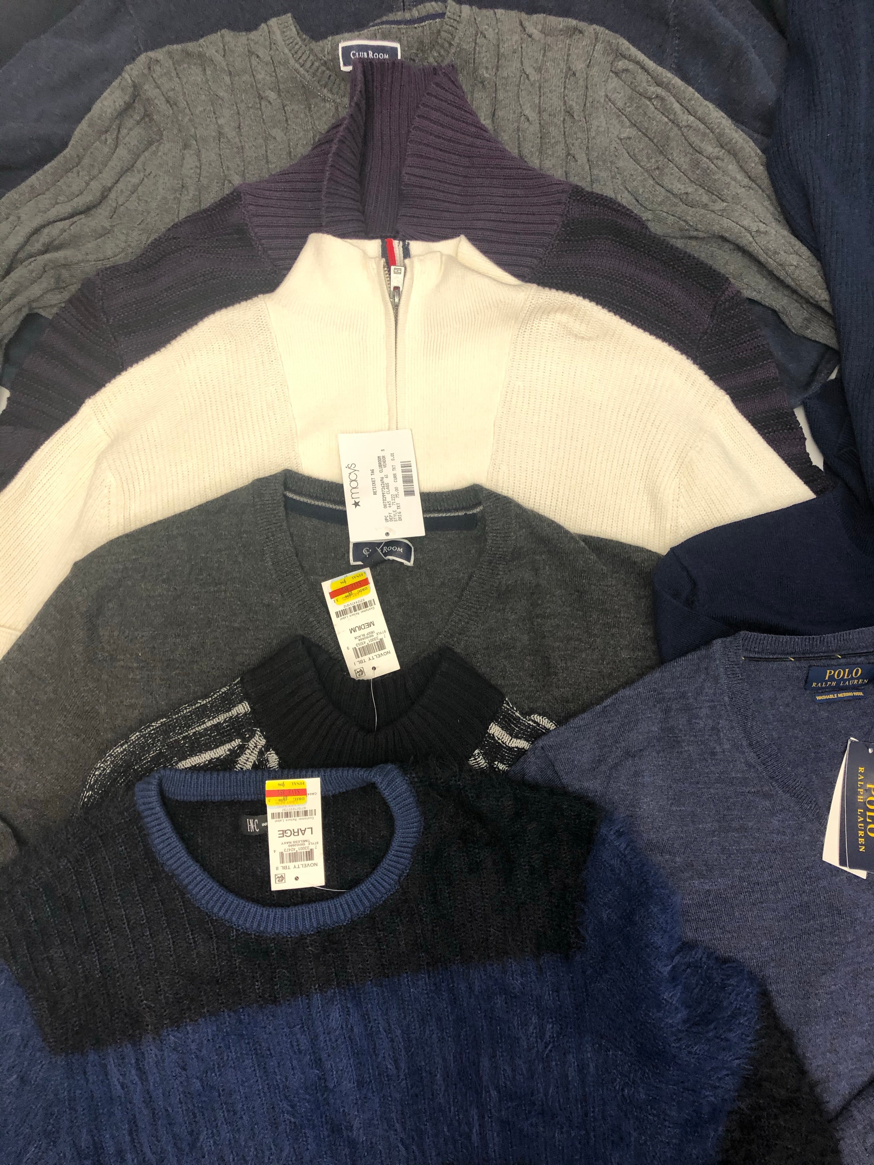 Men's Clothing Sweater Wholesale Lot, Polo Ralph Lauren, Tommy Hilfiger, Tasso Elba, Weatherproof, Club Room and more, 11 Units, Shelf Pulls, MSRP $847.50