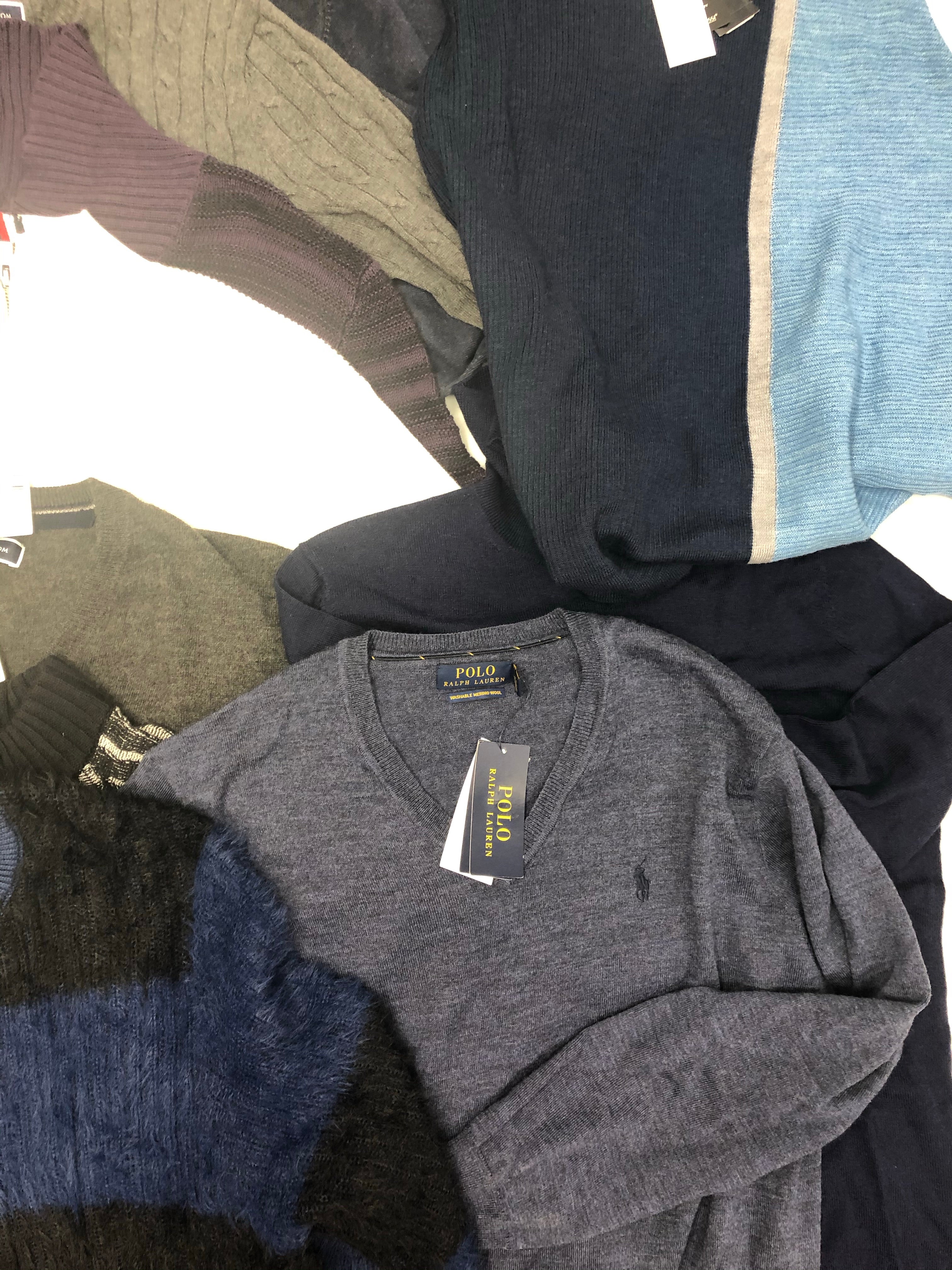 Men's Clothing Sweater Wholesale Lot, Polo Ralph Lauren, Tommy Hilfiger, Tasso Elba, Weatherproof, Club Room and more, 11 Units, Shelf Pulls, MSRP $847.50