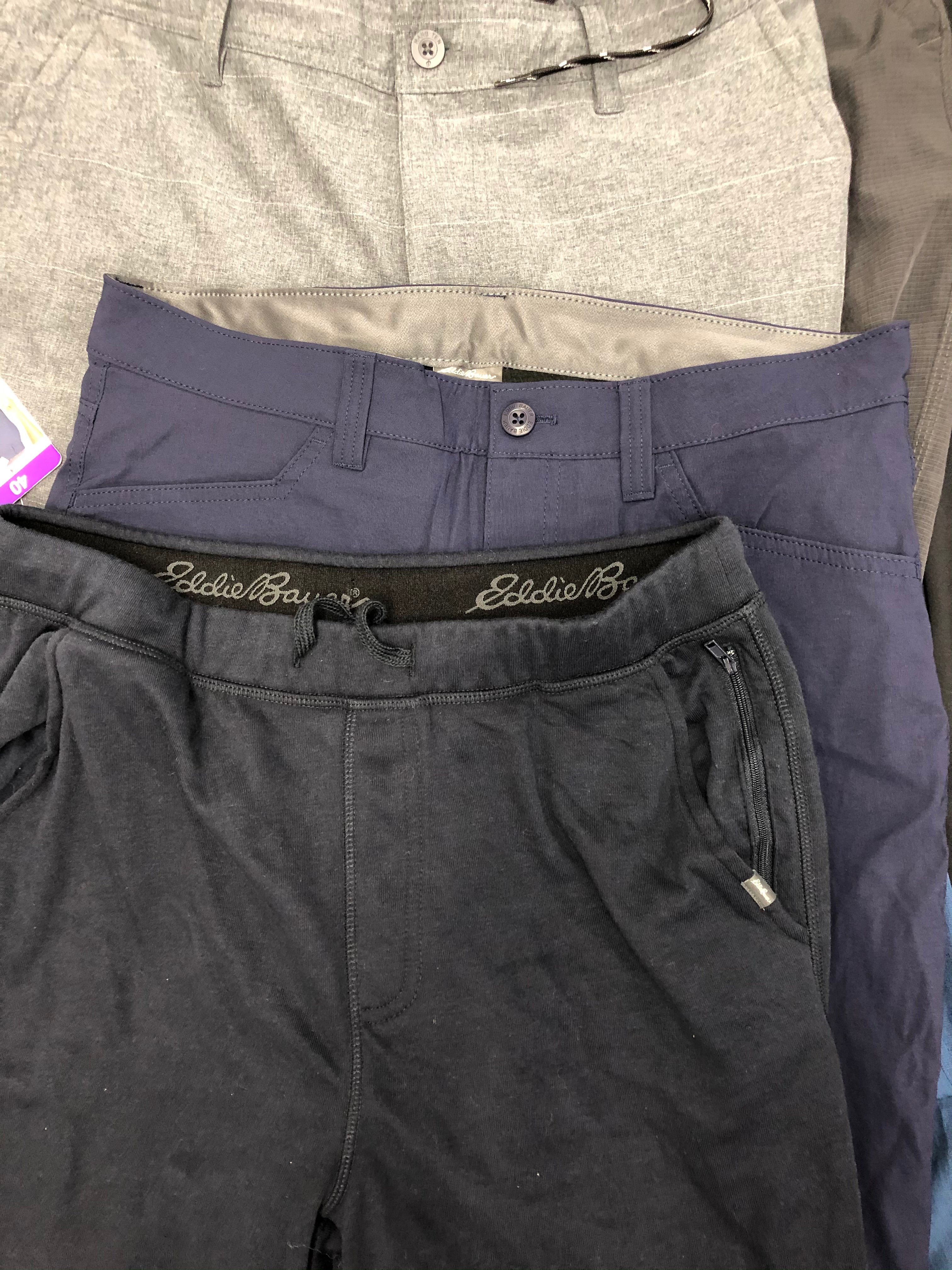 Men's Clothing Bottoms Wholesale Lot, EDDIE BAUER, HURLEY, SPYDER, KIRKLAND, 32 DEGREES and more, 12 items, Shelf Pulls, MSRP $538