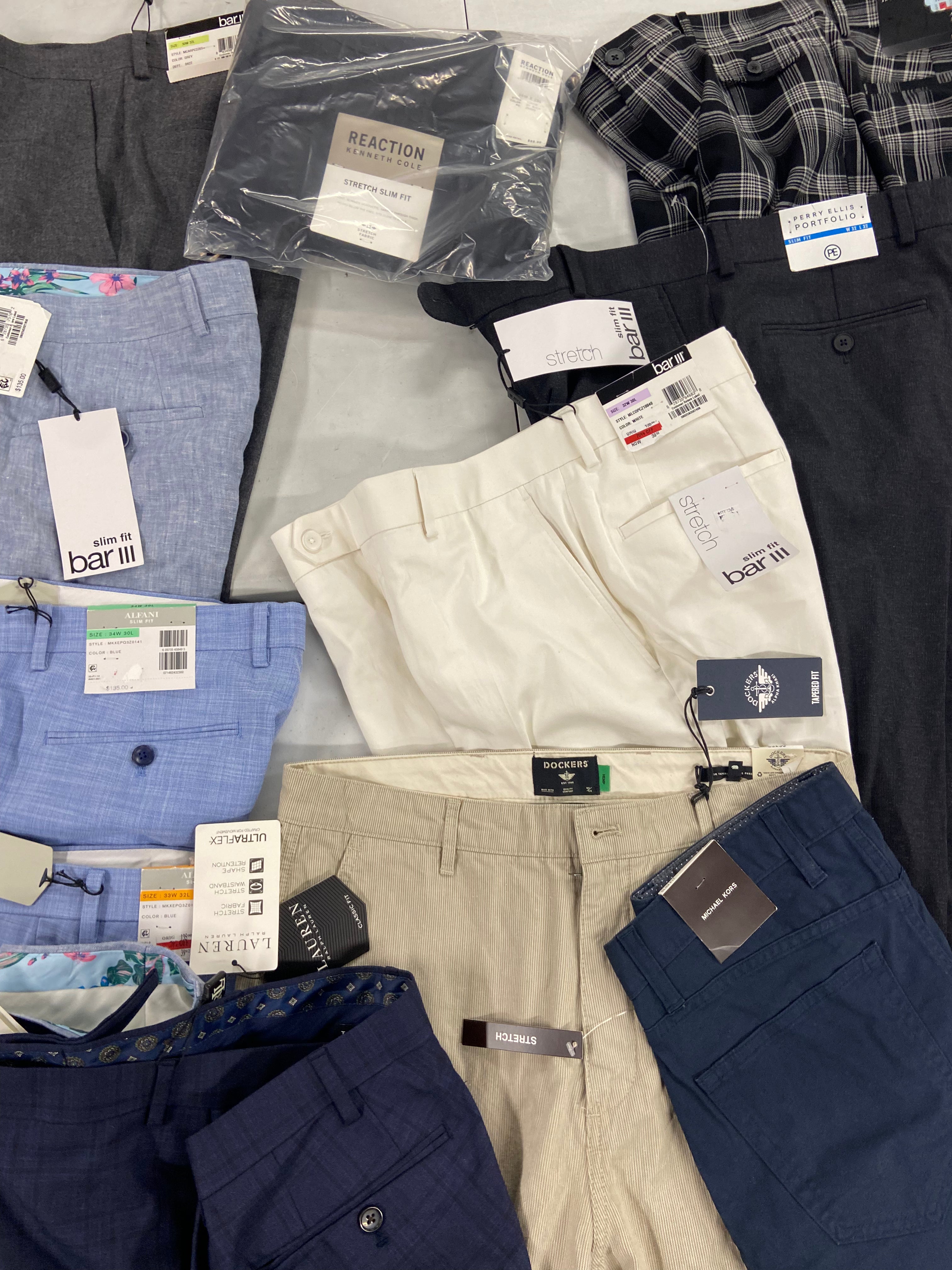 Men's Clothing Dress Pants and Others, Wholesale Lot, LAUREN RALPH LAUREN, MICHAEL KORS, DOCKERS, PERRY ELLIS, Bar III and more, 12 items, Shelf Pulls, MSRP $1,362